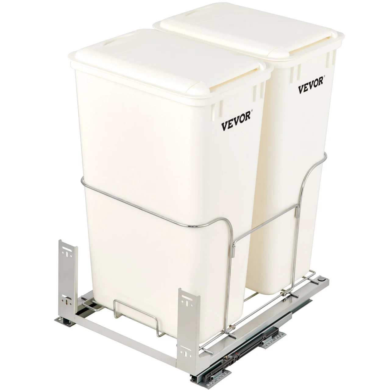 Pull-Out Trash Can, 43Qt Double Bins, Under Mount Waste Container with Soft-Close Slides, 176lbs Load Capacity & Door-Mounted Brackets, Garbage Recycling Bin with Lids for Kitchen Cabinet, White