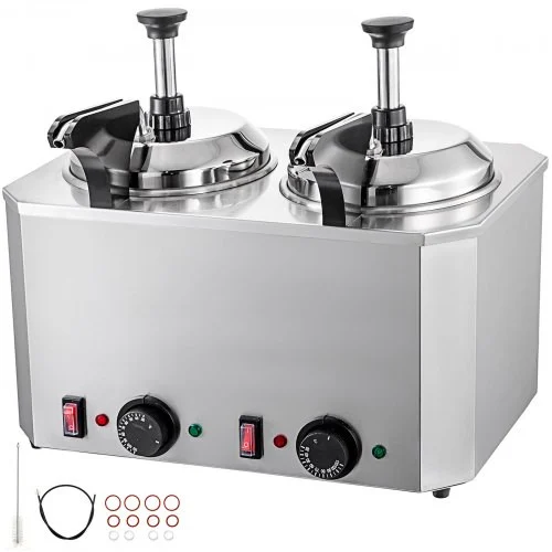 Cheese Warmer with Pump, 5.28 Qt Capacity Cheese Dispenser Hot Fudge Warmer, Dual Head Spout Heater 1300 W Cheese Warmer Dispenser, 30-110? Temp Adjustable 110 V Heated Pump Dispenser
