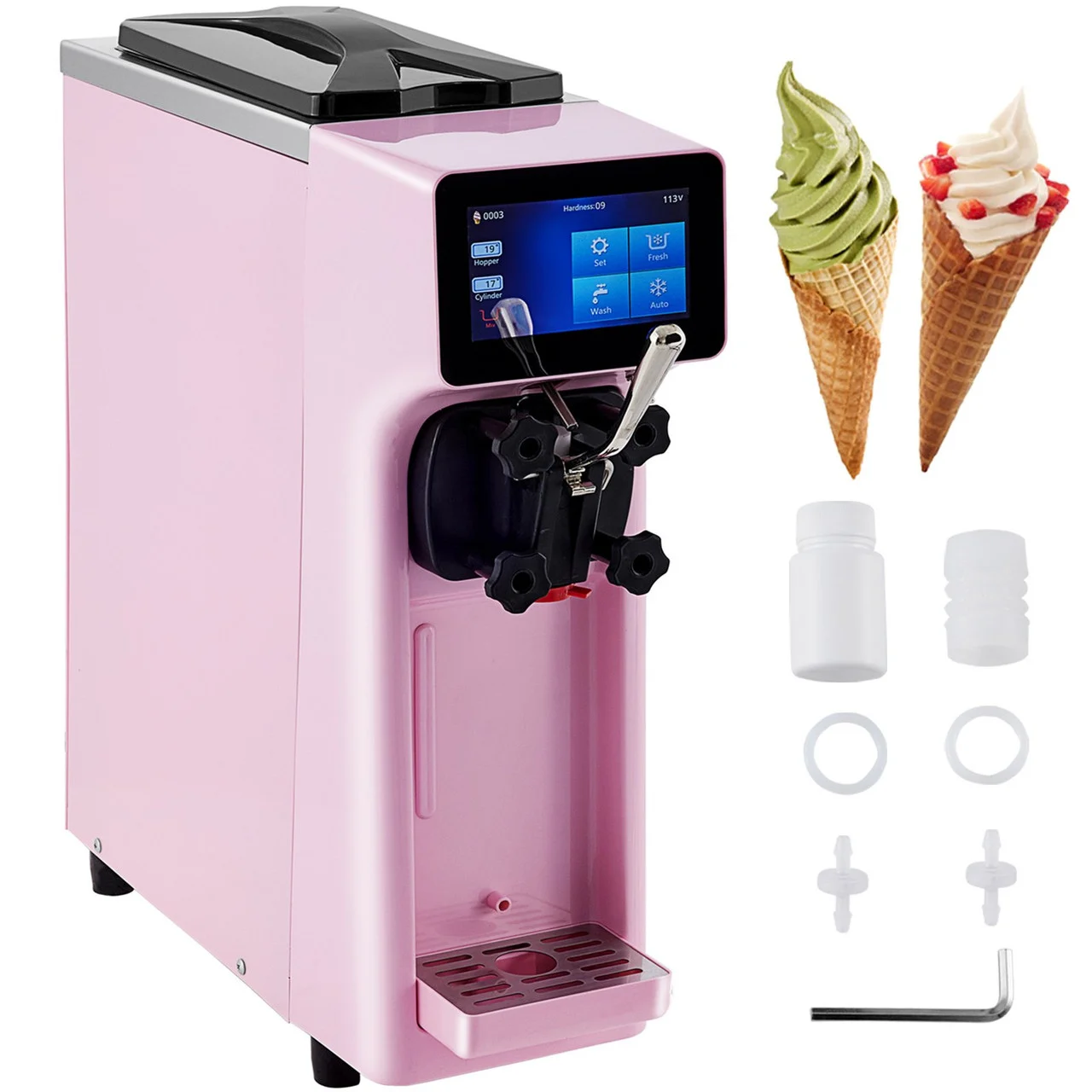 Commercial Ice Cream Maker, 10-20L/H Yield, 1000W Countertop Soft Serve Machine with 4.5L Hopper 1.6L Cylinder, Frozen Yogurt Maker with Touch Screen Puffing Pre-Cooling Shortage Alarm, Pink