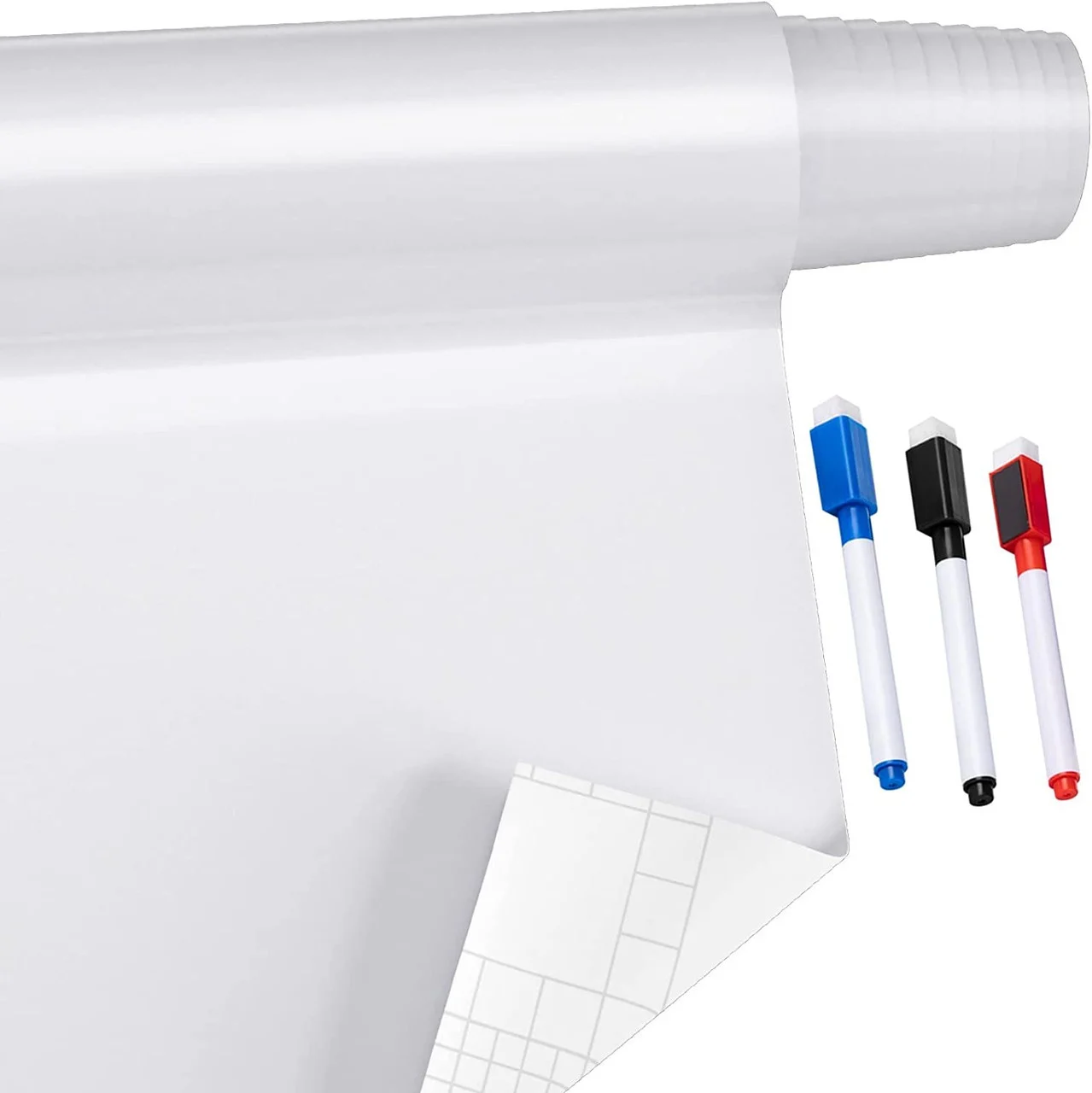 White Board Paper, 8x4 ft Dry Erase Whiteboard Paper w/ Adhesive Backing, Removable Peel and Stick PET Surface, No Ghost for Kids Home and Office, 3 Markers, 4 Push Pin Magnets & Eraser