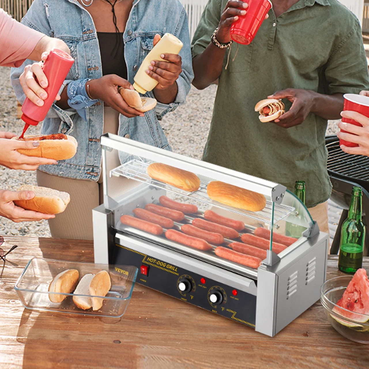 Hot Dog Roller 5 Rollers 12 Hot Dogs Capacity, 750W Stainless Sausage Grill Cooker Machine with Dual Temp Control Glass Hood Acrylic Cover Bun Warmer Shelf Removable Oil Drip Tray ETL Certified