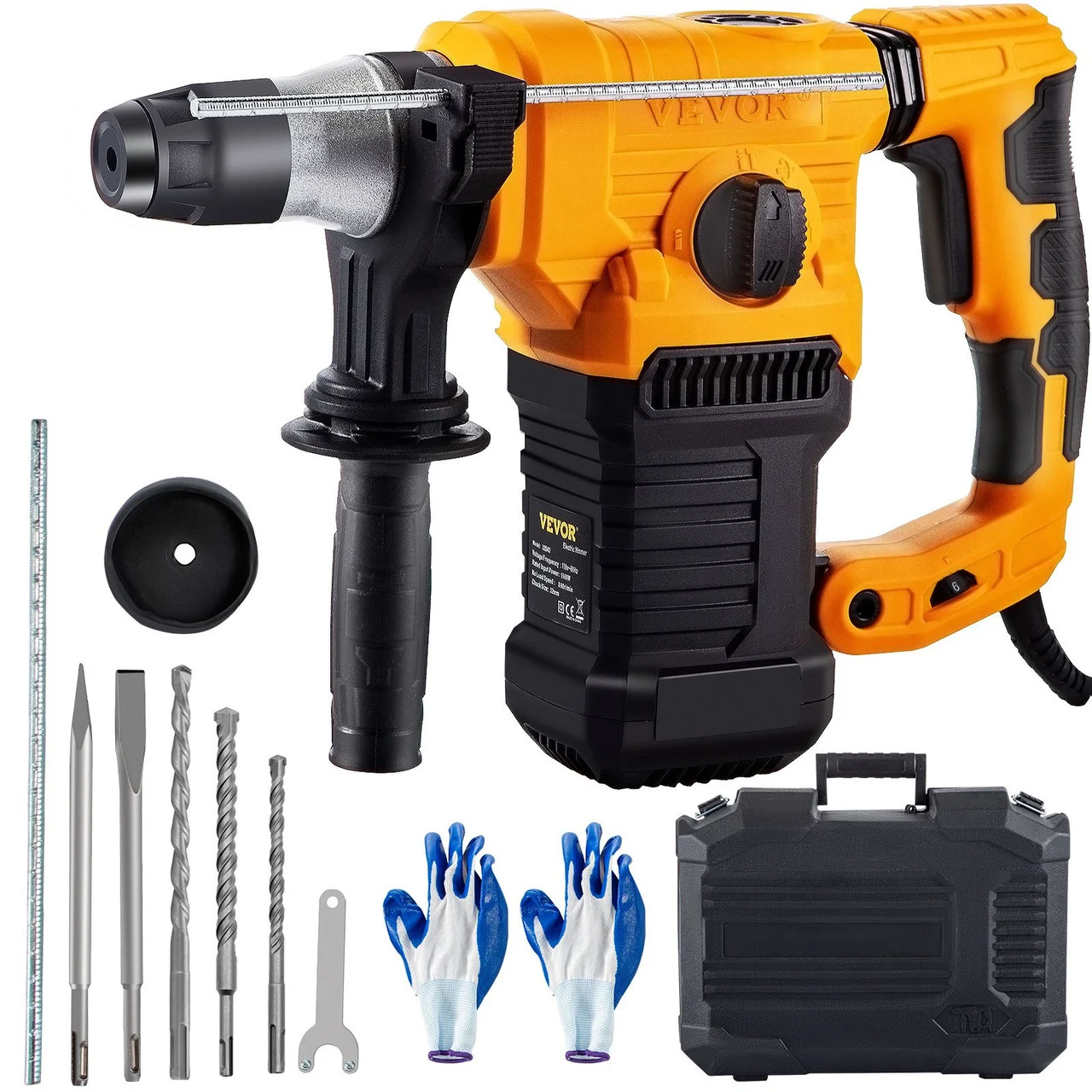 Rotary Hammer, 1.26' SDS - Plus Hammer Drill 4 Functions & 360 Degree Rotating Handle, 13A 1500W 6 Step Variable Speed Adjustment 0-850RPM Hammering Machine Includes Chisels, Bits & Case