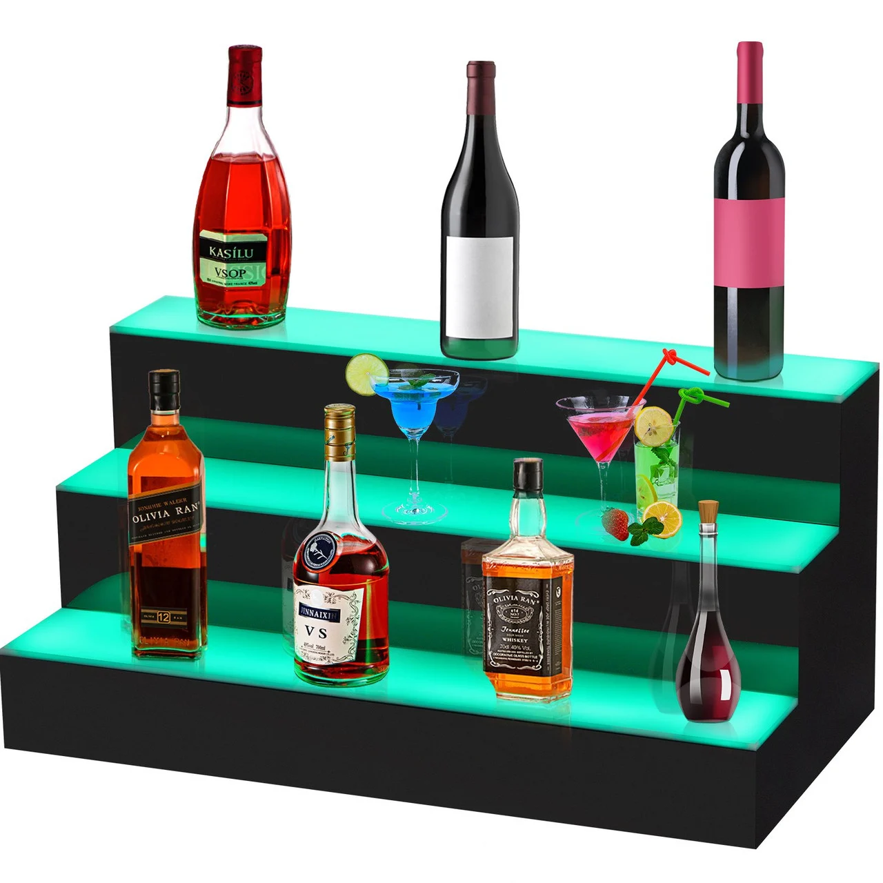 LED Lighted Liquor Bottle Display Shelf, 24-inch LED Bar Shelves for Liquor, 3-Step Lighted Liquor Bottle Shelf for Home/Commercial Bar, Acrylic Lighted Bottle Display with Remote & App Control