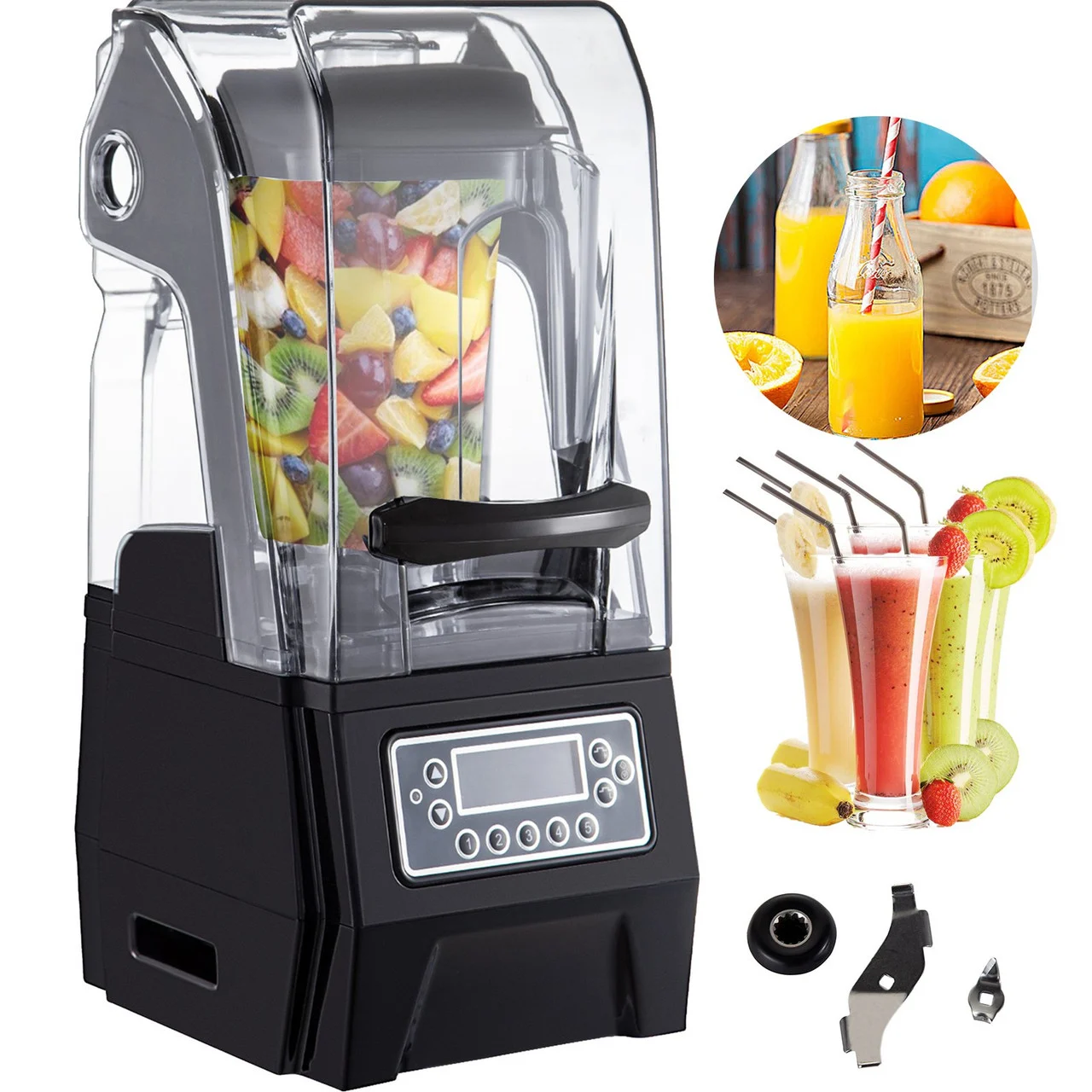 110V Commercial Smoothie Blenders, 1.5L/50.7oz 1500W Countertop Silent Blender w/ 3-Side Silica Gel Sound Shield, Quiet Blender Self-Cleaning Includes Multifunctional 2-in-1 Wet Dry Blades Black