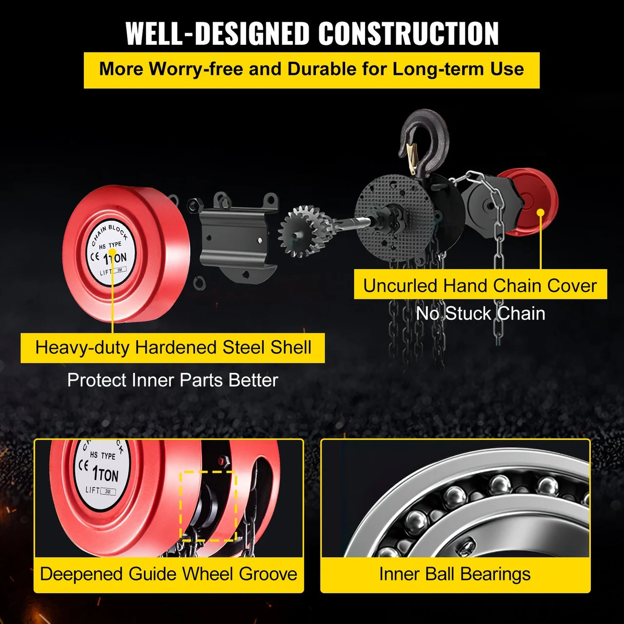 Hand Chain Hoist, 2200 lbs /1 Ton Capacity Chain Block, 10ft/3m Lift Manual Hand Chain Block, Manual Hoist w/Industrial-Grade Steel Construction for Lifting Good in Transport & Workshop, Red