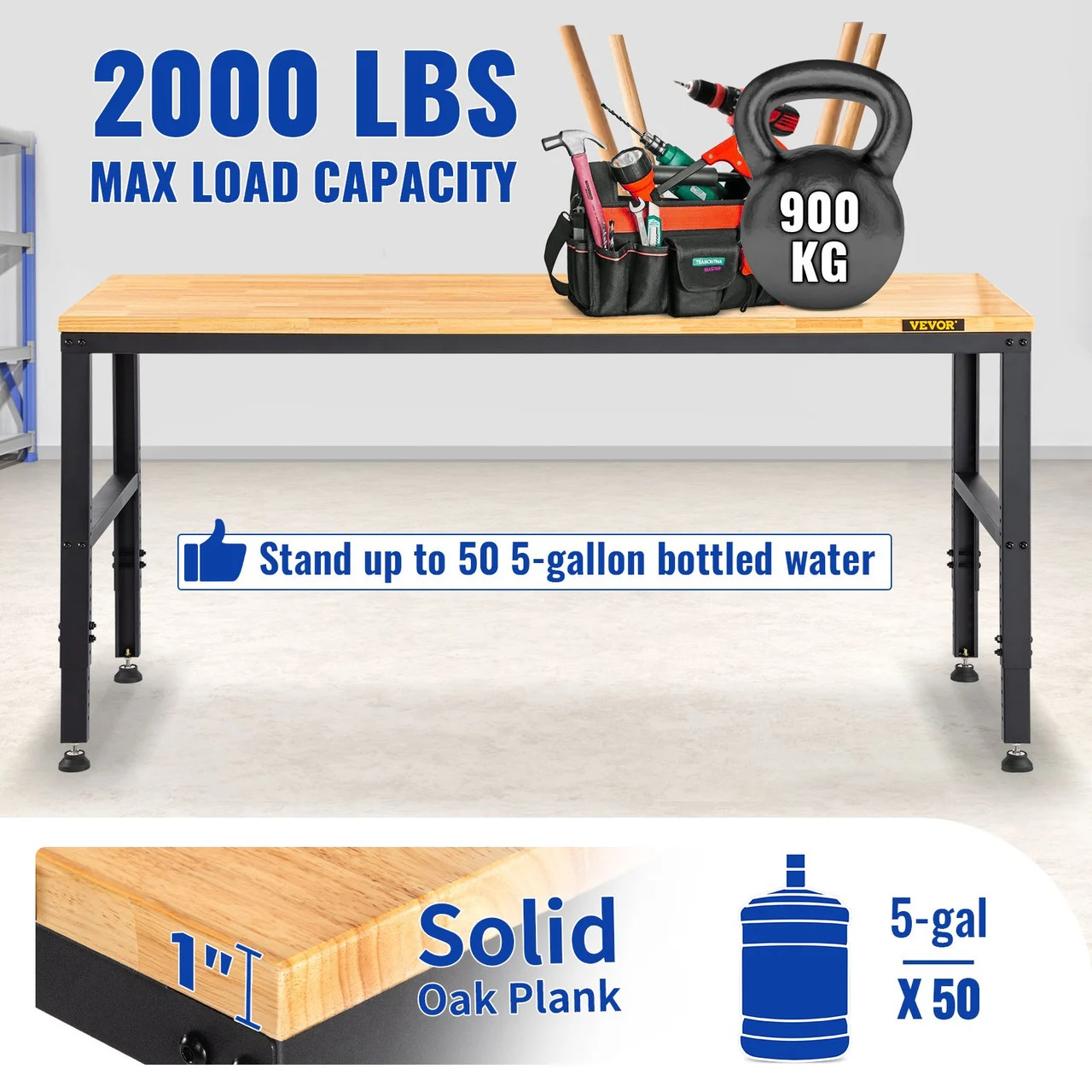 Workbench Adjustable Height, 48" L X 20" W X 38.1" H Garage Table w/ 28.3" - 38.1" Heights & 2000 LBS Load Capacity, with Power Outlets & Hardwood Top & Metal Frame & Foot Pads, for Office Home