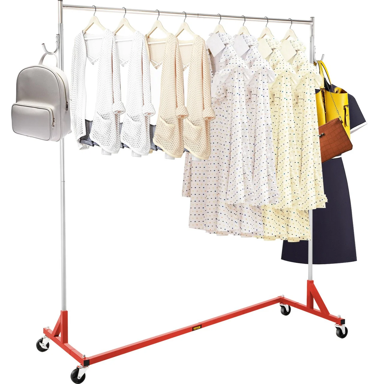 Z Rack, Industrial Grade Z Base Garment Rack, Height Adjustable Rolling Z Garment Rack, Sturdy Steel Z Base Clothing Rack w/ Lockable Casters for Home Garment Store Display Commercial Use (Red)