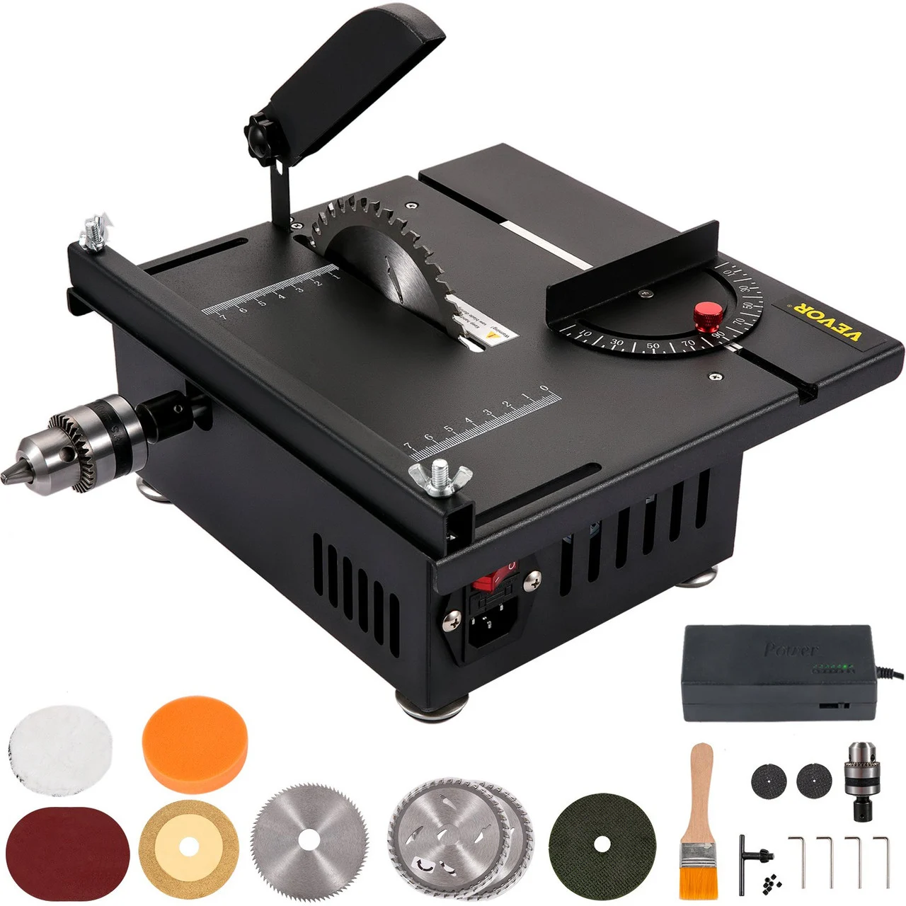Mini Table Saw, 200W Hobby Table Saw for Woodworking, 0-90 Angle Cutting Portable DIY Saw, 4000RMP Multifunctional Table Saws, 1.57in Cutting Depth with Black Apron (Cutting/Polishing Set)