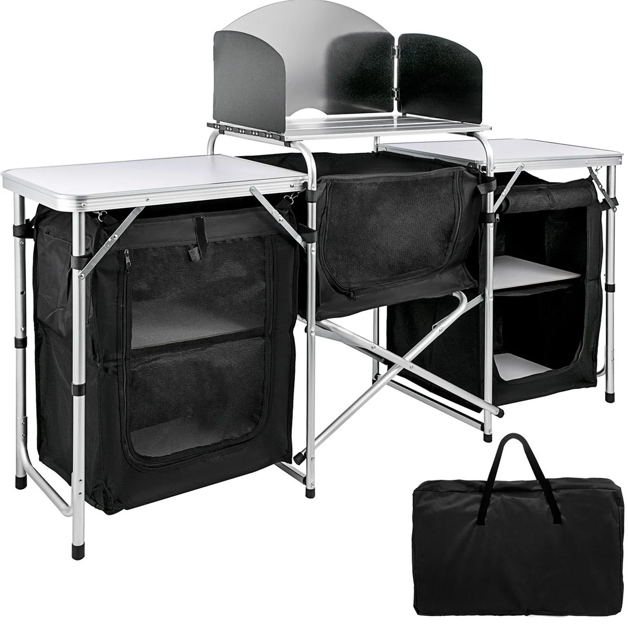 Camping Kitchen Table, Aluminum Portable Folding Camp Cook Table with Windshield, Storage Organizer, Quick Installation for Outdoor Picnic Beach Party Cooking, Black
