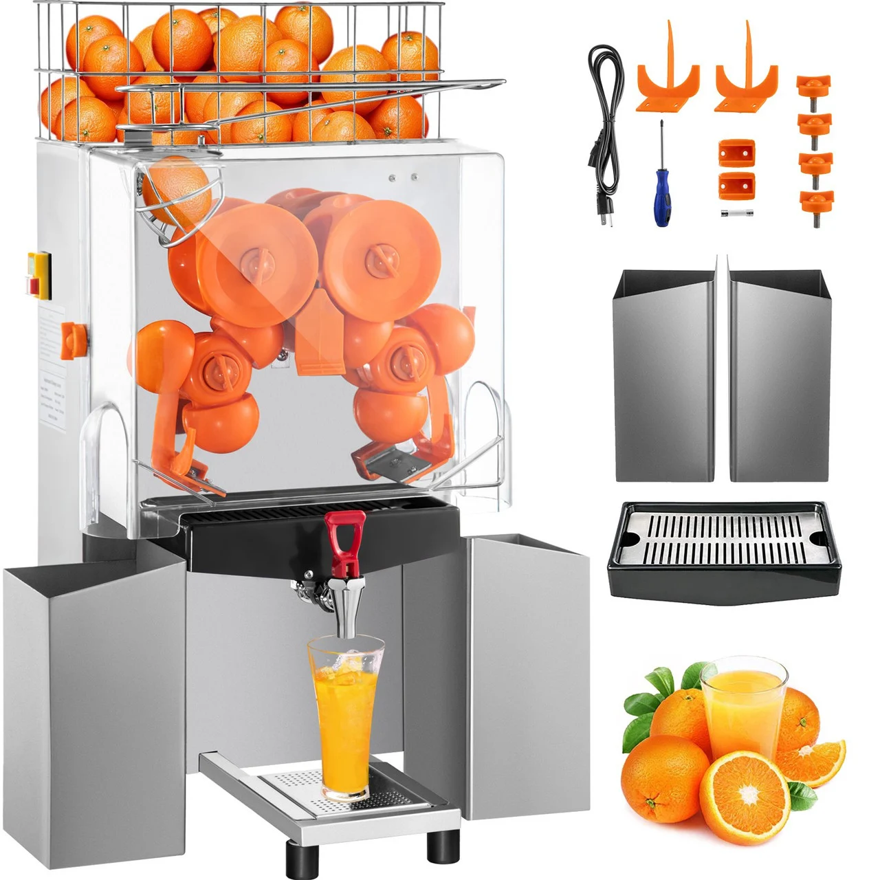 Commercial Juicer Machine with Water Tap, 110V Juice Extractor, 120W Orange Squeezer, Orange Juice Machine for 25-35 Per Minute with Pull-Out Filter Box Acrylic Cover and Two Collecting Buckets