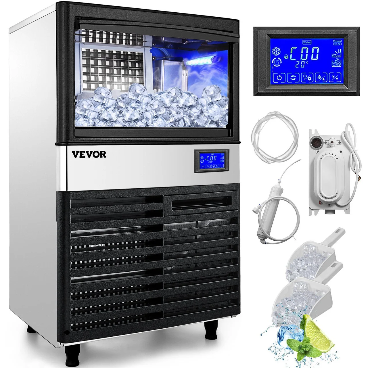 110V Commercial ice Maker Machine 132LBS/24H with 44LBS Bin and Electric Water Drain Pump, Stainless Steel Ice Machine, Auto Operation, Include Water Filter 2 Scoops and Connection Hose