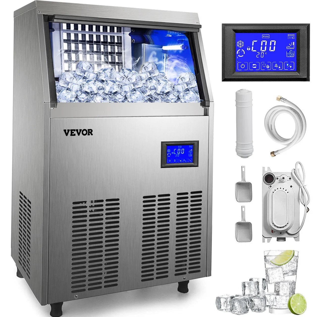 110V Commercial Ice Maker Machine 120-130LBS/24H 33LBS Storage Commercial Ice Machine Fully Upgrade Under Counter Ice Machine for Home Bar, Water Drain Pump/Water Filter/Scoops Included