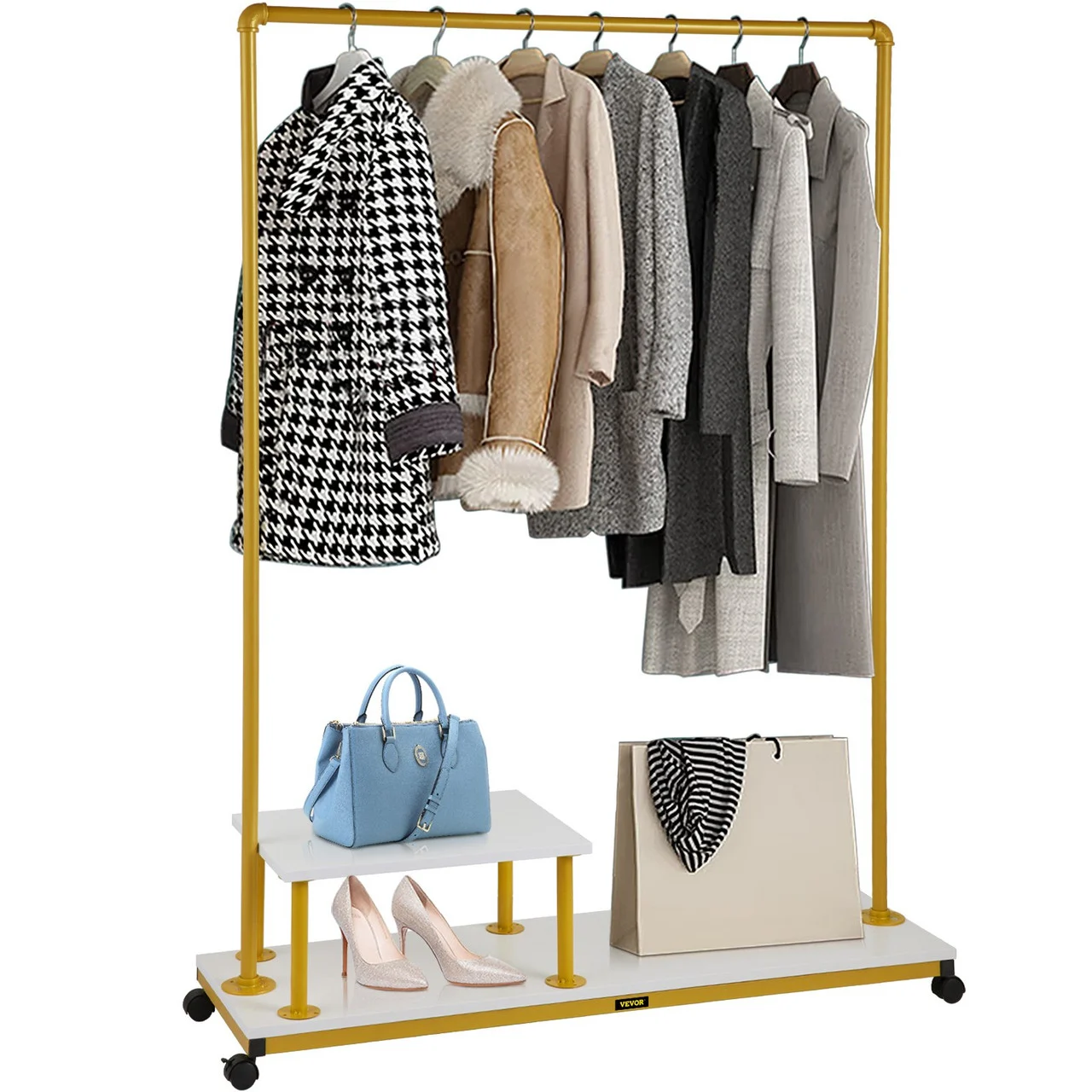 Clothing Garment Rack, 47.2"x14.2"x63.0", Heavy-Duty Clothes Rack w/Bottom Shelf & Side Shelf, 4 Swivel Casters, Sturdy Steel Frame, Rolling Clothes Organizer for Retail Store Boutique, Gold