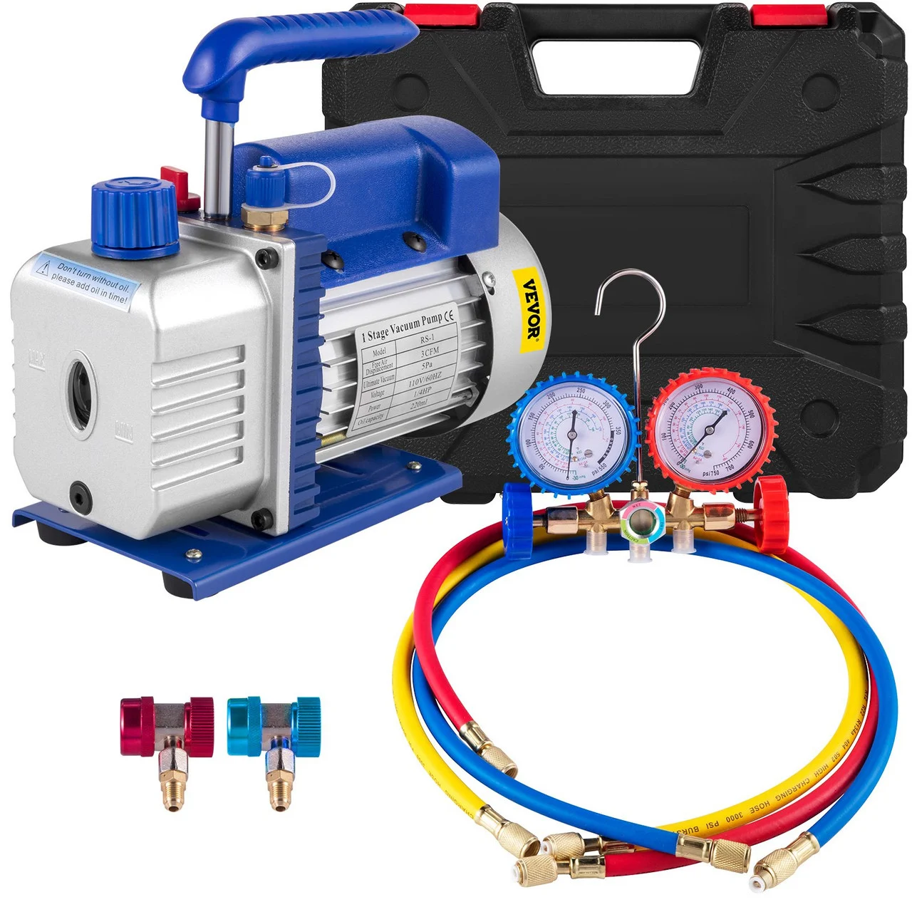 3CFM 1/4HP Single Stage Air Vacuum Pump HVAC R134a R12 R22 R410a A/C Refrigeration Kit AC Manifold Gauge R134 Can Tap Included Carrying Tote