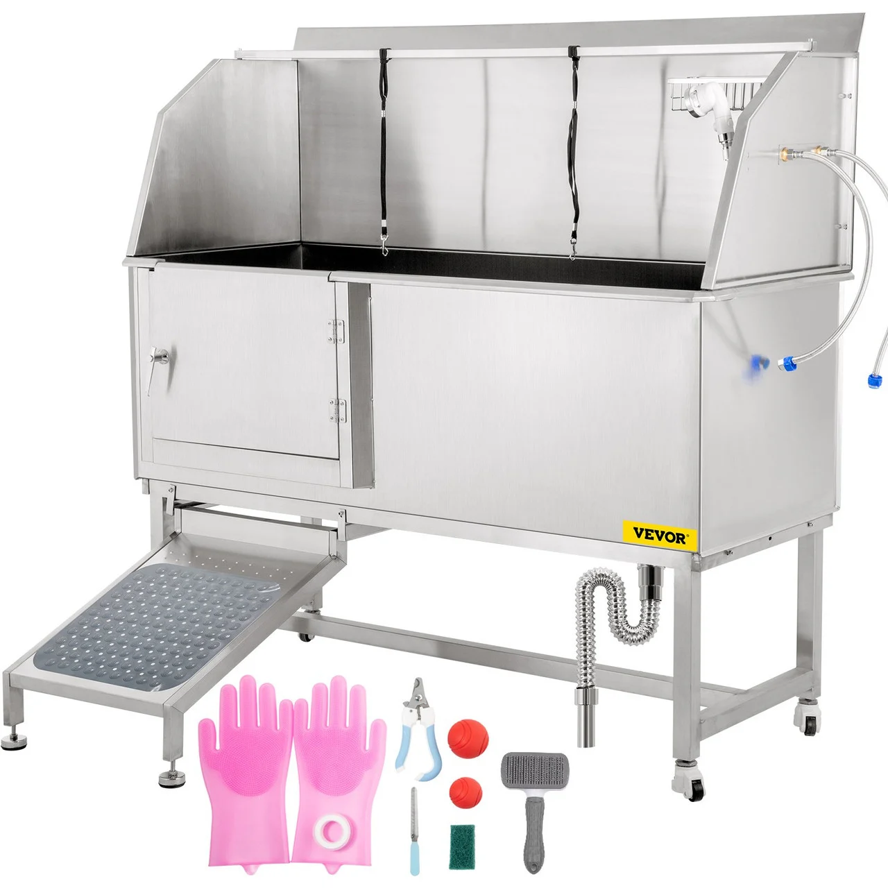 Dog Grooming Tub, 62" L Pet Wash Station, 304 Stainless Steel Pet Grooming Tub Rated 661LBS Load Capacity, Non-Skid Dog Washing Station Comes with Ramp, Faucet, Sprayer and Drain Kit
