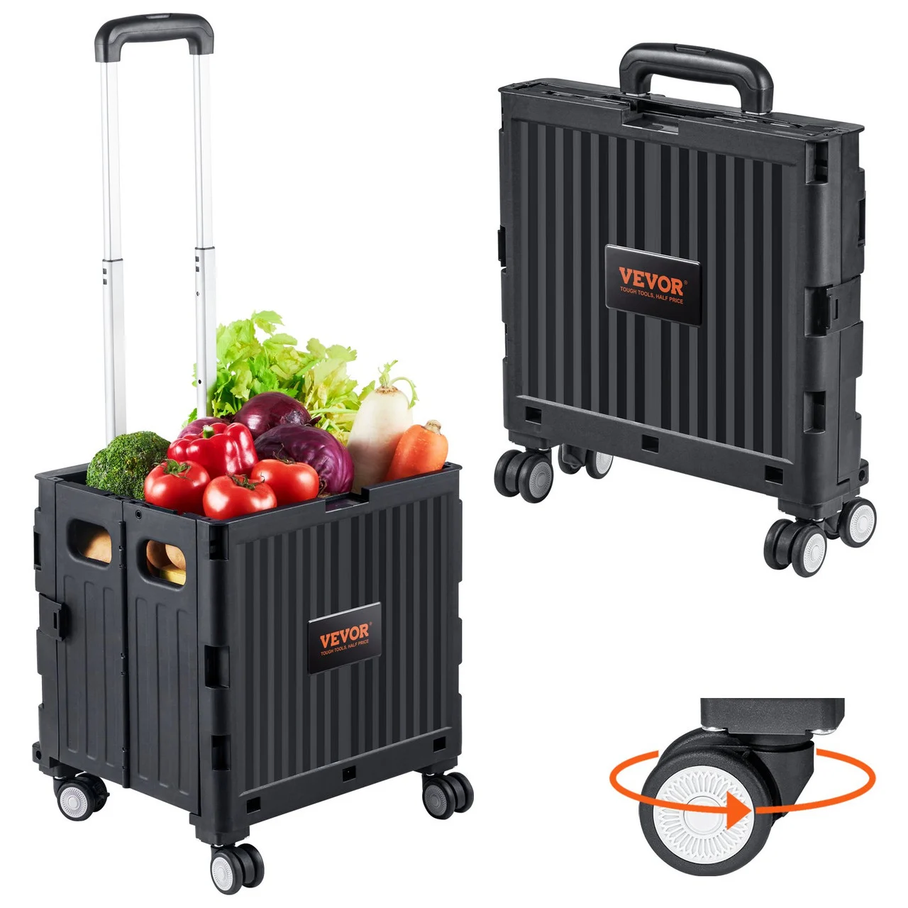 Foldable Utility Cart, 110 lbs Load Capacity, Folding Portable Rolling Crate Handcart with Heavy Duty Telescoping Handle and 4 Rotate Wheels for Travel Shopping Moving Luggage Office Use, Black