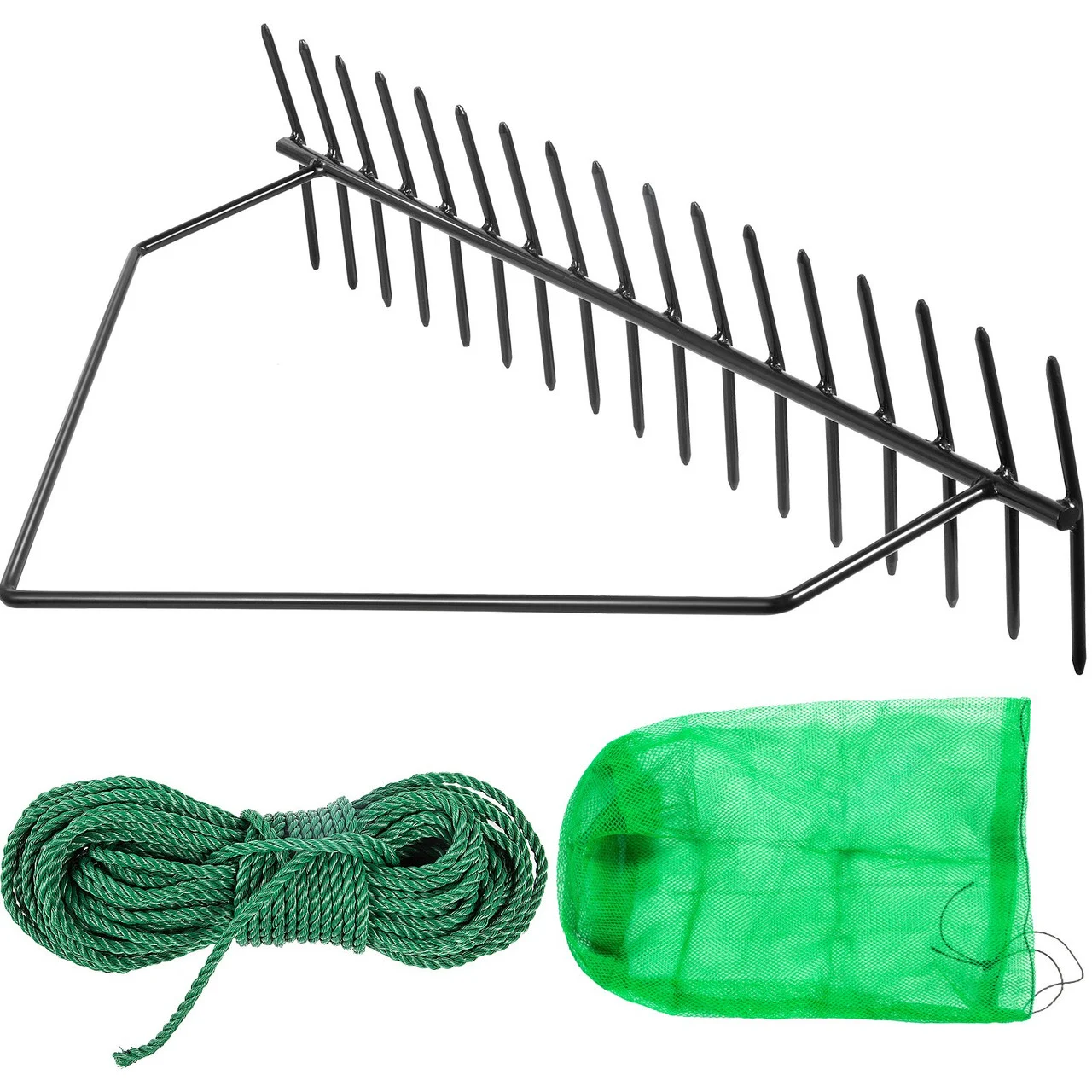Pond Rake, 32 inch Aquatic Weed Rake, Double Sided Lake Weed Cutter, Clean Aquatic Weeds Muck Silt Lake Rakes, Weed Rakes Tool for Lake Pond Beach Landscaping, Lake Weed Rake with 66ft Rope