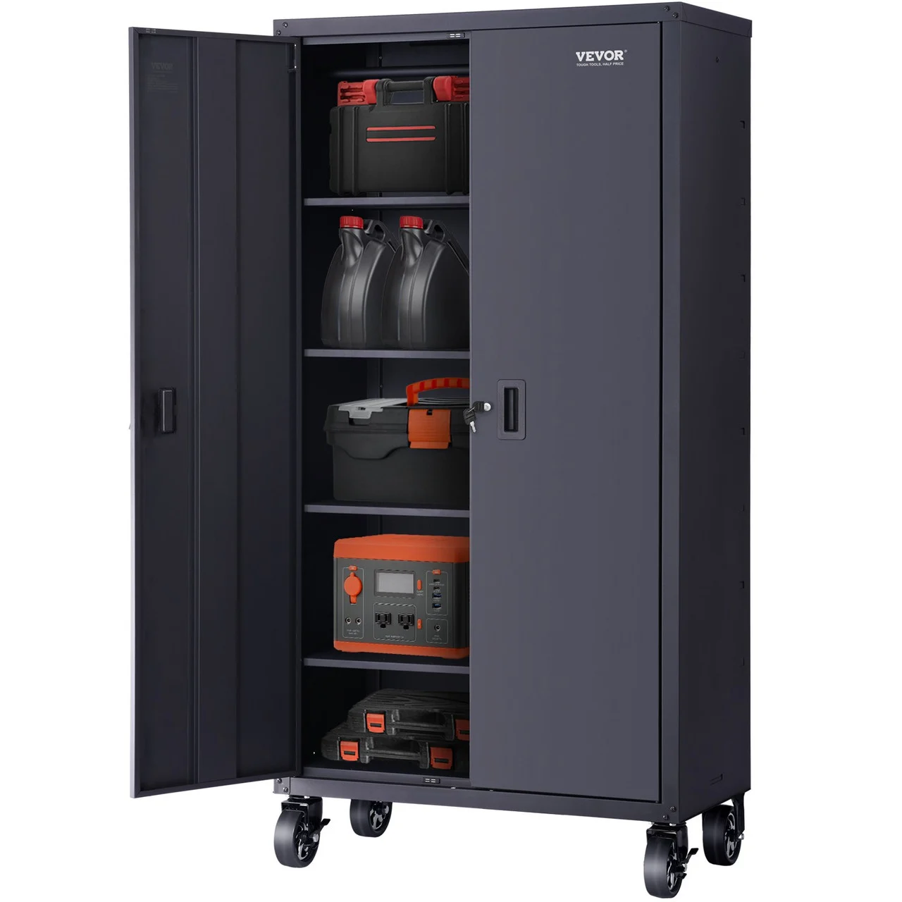 Rolling Metal Storage Cabinet w/ 4 Adjustable Shelves & Lockable Door