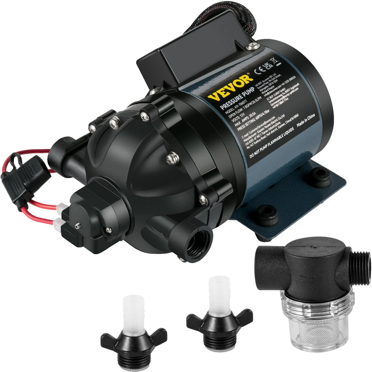 Washdown Pump, 12V DC, 7 GPM 60 PSI, Max. 10 FT Lift Self Priming Water Pump, w/ EPDM Valve, Universal Salt Water Strainer & Female/Male Thread, for RV, Marine Deck, Yacht