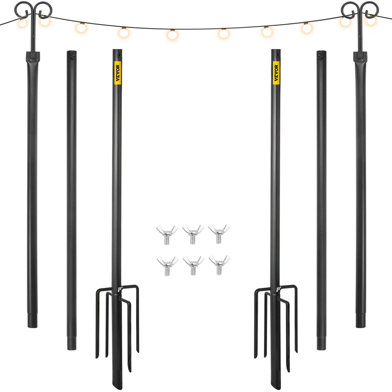 String Light Poles, 2 Pack 9.7 FT, Outdoor Powder Coated Stainless Steel Lamp Post with Hooks to Hang Lantern and Flags, Decorate Garden, Backyard, Patio, Deck, for Party and Wedding, Black