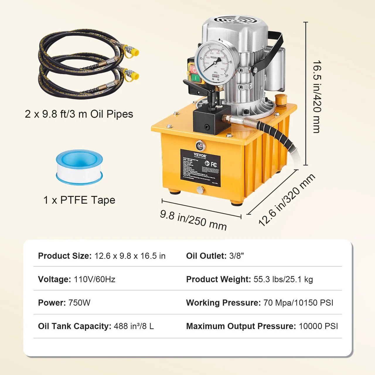 Electric Hydraulic Pump, 10000 PSI 750W 110V, 488 in³/8L Capacity, Single Acting Manual Valve, Electric Driven Hydraulic Pump Power Pack Unit with Lever Switch for Punching/Bending/Jack Machines