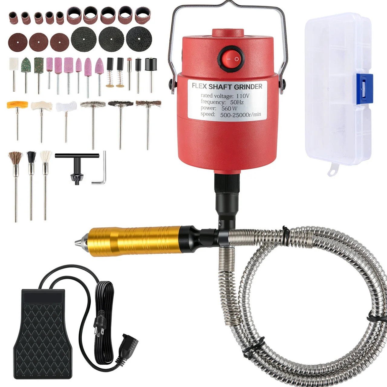 Flex Shaft Grinder 560W Rotary Tool with 1/4" 3-Jaw Chuck & Stepless Speed Foot Pedal Rotary Carver 500-25000RPM Hanging Grinding Machine 131PCS for Carving, Buffing,Drilling,Polishing