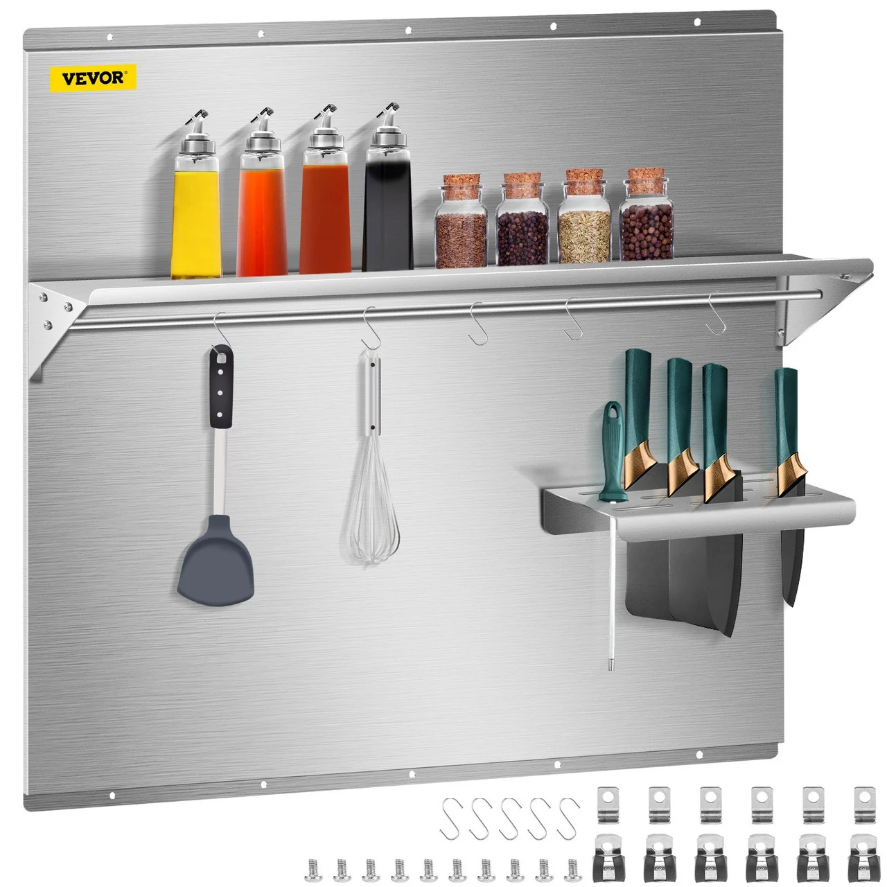 Range Backsplash with Shelf 30 x 30.7 Inch Range Hood Wall Shield, Stainless Steel Backsplash Silver Splash Plate for Range Hood Stainless Backsplash with Built-in Storage Shelf and Hanging Rack
