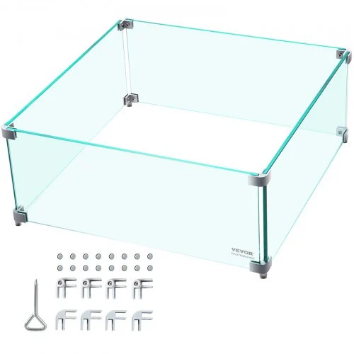 Fire Pit Wind Guard, 14 x 14 x 6 Inch Glass Wind Guard, Rectangular Glass Shield, 0.3" Thick Fire Table, Clear Tempered Glass Flame Guard, Steady Feet Tree Pit Guard for Propane, Gas, Outdoor