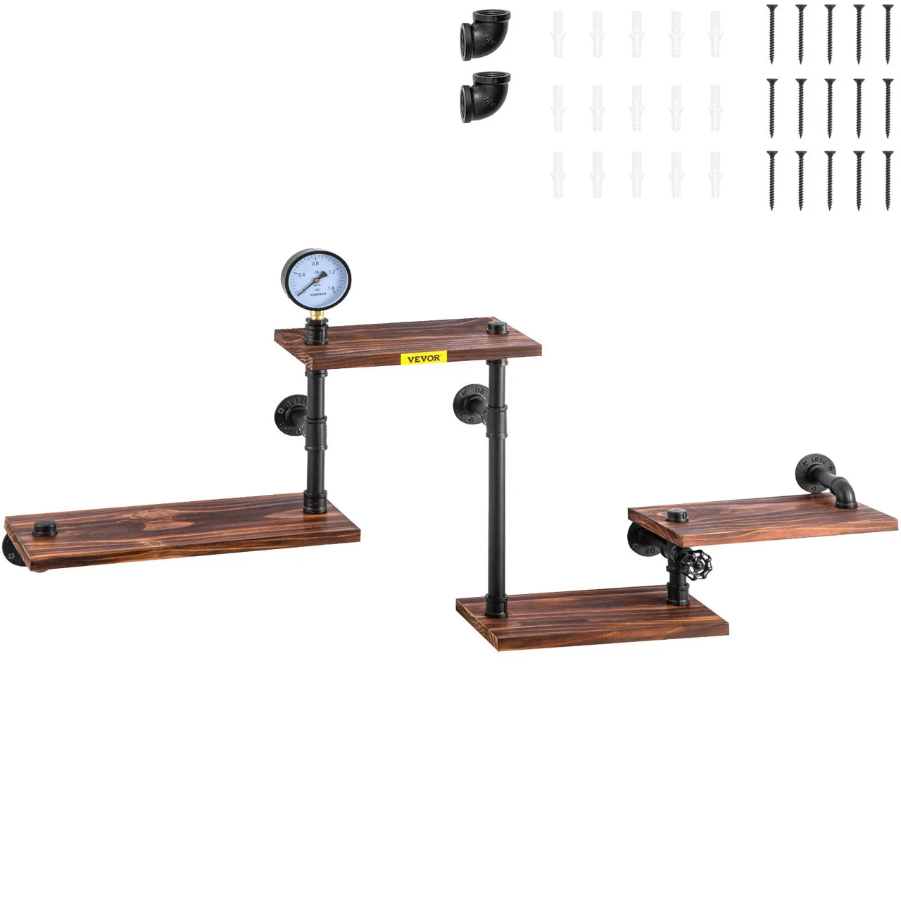 Industrial Pipe Shelving, Pipe Shelves with 4-Tier Wood Planks, Rustic Floating Shelves Wall Mounted, Wall Shelf DIY Bookshelf for Bar Kitchen Bathroom Farmhouse Living Room, 51x25x9 inch