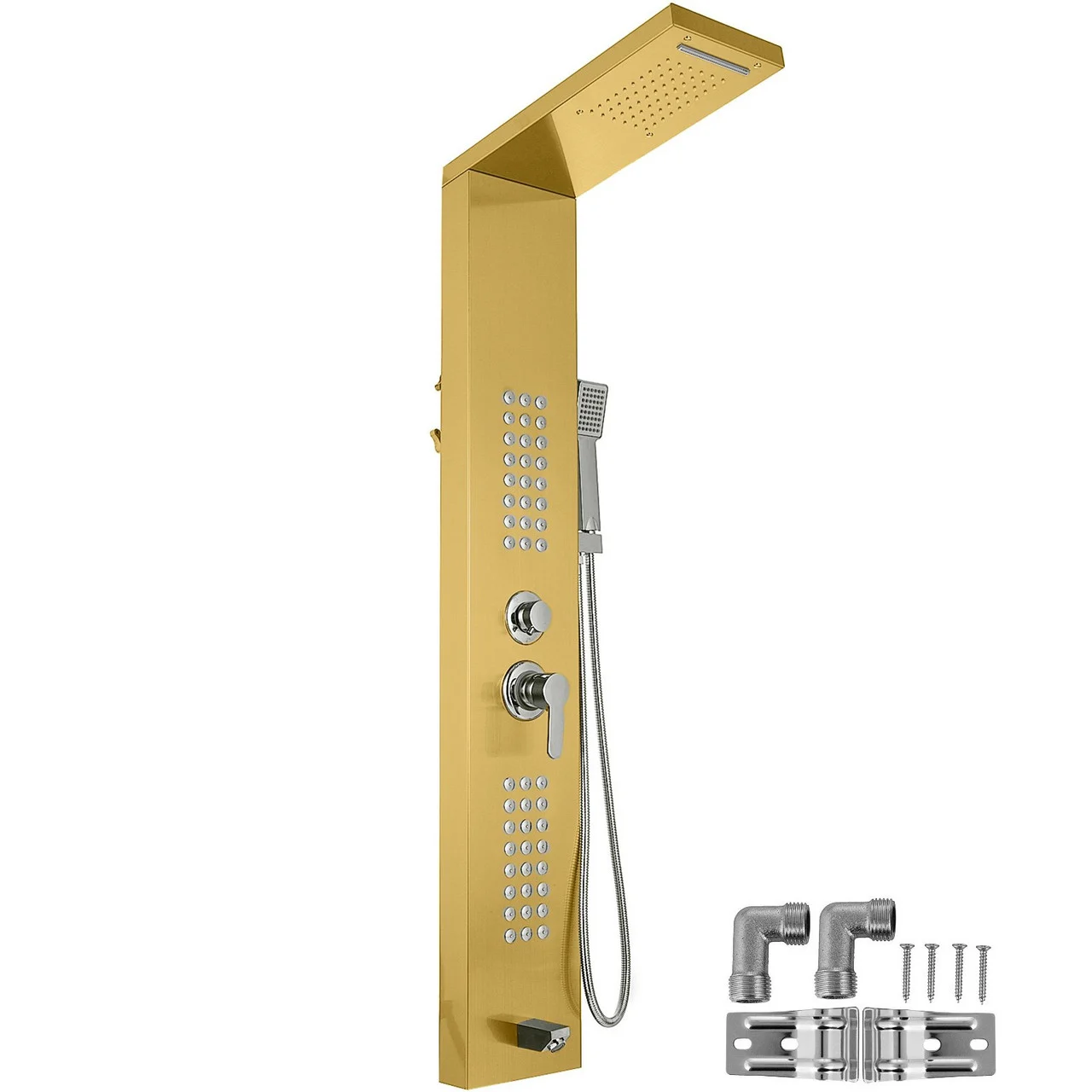 5 in1 Shower Panel Tower System Gold Stainless Steel Multi-Function Shower Panel with Spout Rainfall Waterfall Massage Jets Tub Spout Hand Shower for Home Hotel Resort Split Type Split