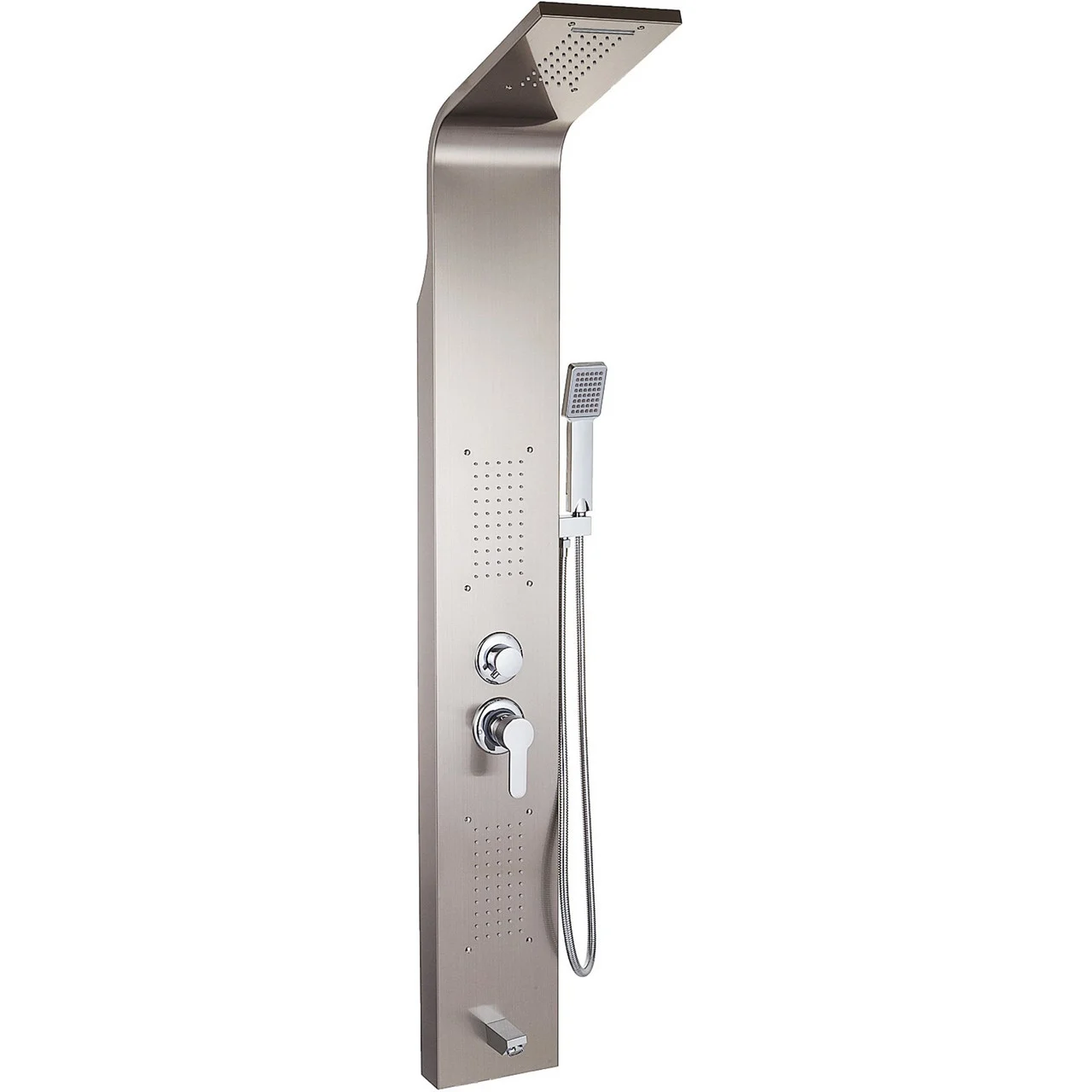 5 in1 Panel Tower System Stainless Steel Multi-Function Rainfall Waterfall Massage Jets Tub Spout Hand Shower for Home Hotel Resort, Unitary, Brushed Silver