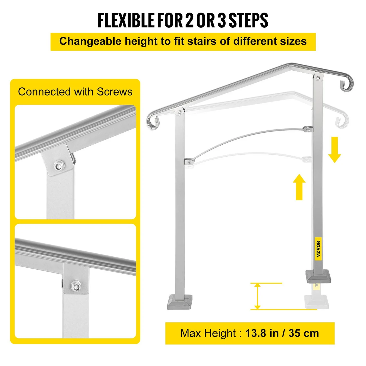 Outdoor Stair Railing, Fit 2 or 3 Steps Alloy Metal Handrailing, Front Porch Flexible Transitional Handrail, Arch Step Rail with Installation Kit, for Concrete or Wooden Stairs, Silver