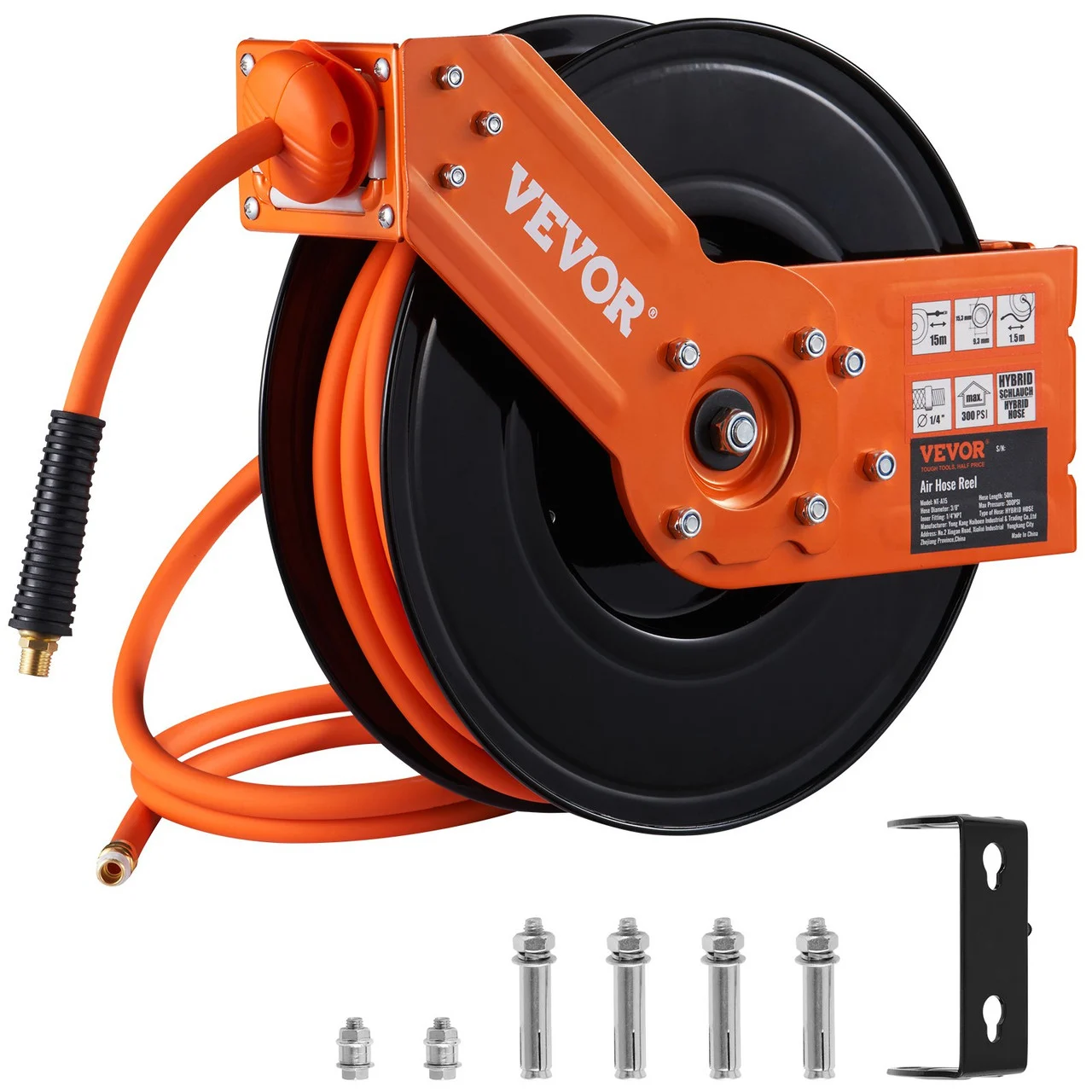 Retractable Air Hose Reel, 3/8 IN x 50 FT Hybrid Air Hose Max 300PSI, Air Compressor Hose Reel with 5 ft Lead in, Ceiling / Wall Mount Heavy Duty Double Arm Steel Reel