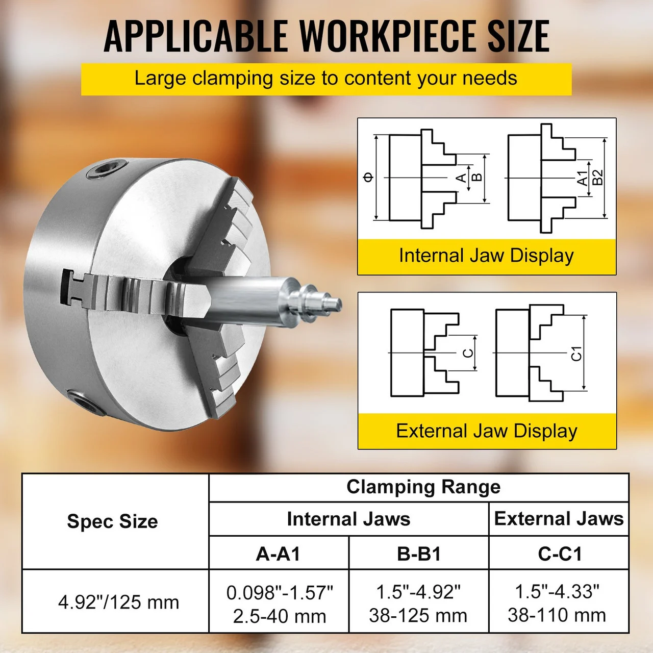 VEVOR K11-125 Lathe Chuck 5", Metal Lathe Chuck Self-centering 3 Jaw, Lathe Chuck With Two Sets Of Jaws, for Grinding Machines Milling Machines