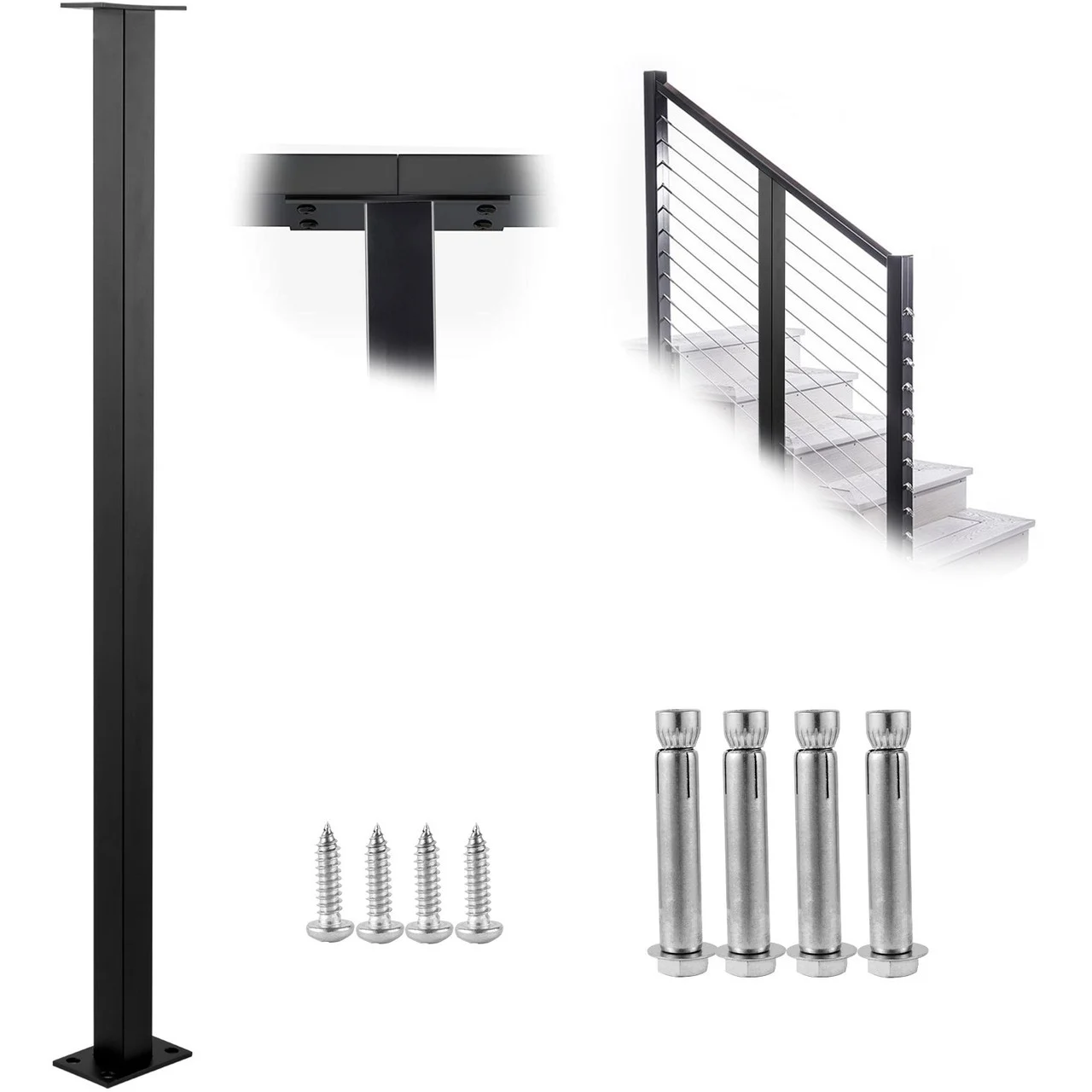 Cable Rail Post Level Deck Stair Post 36 x 1.5 x 1.5" Cable Handrail Post Stainless Steel Brushed Finishing Deck Railing DIY Picket Without Hole Stair Railing Kit with Mount Bracket Black