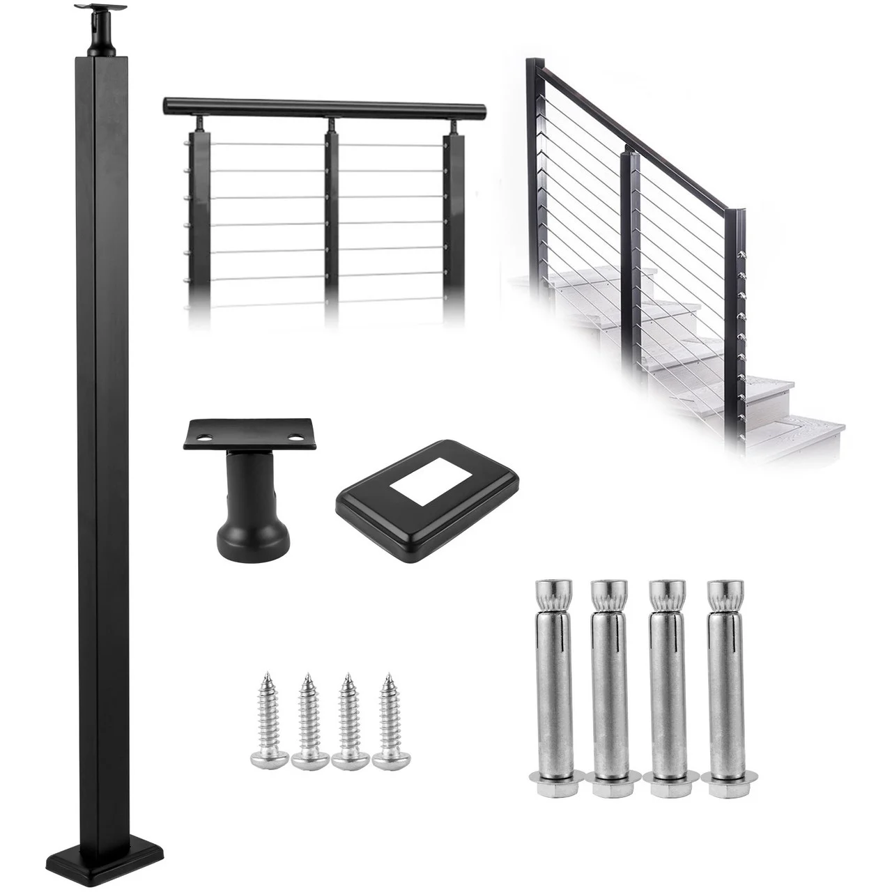 Cable Rail Post Level Deck Stair Post 42 x 0.98 x 1.97" Cable Handrail Post Stainless Steel Brushed Finishing Deck Railing DIY Picket Without Hole Stair Railing Kit with Mount Bracket Black