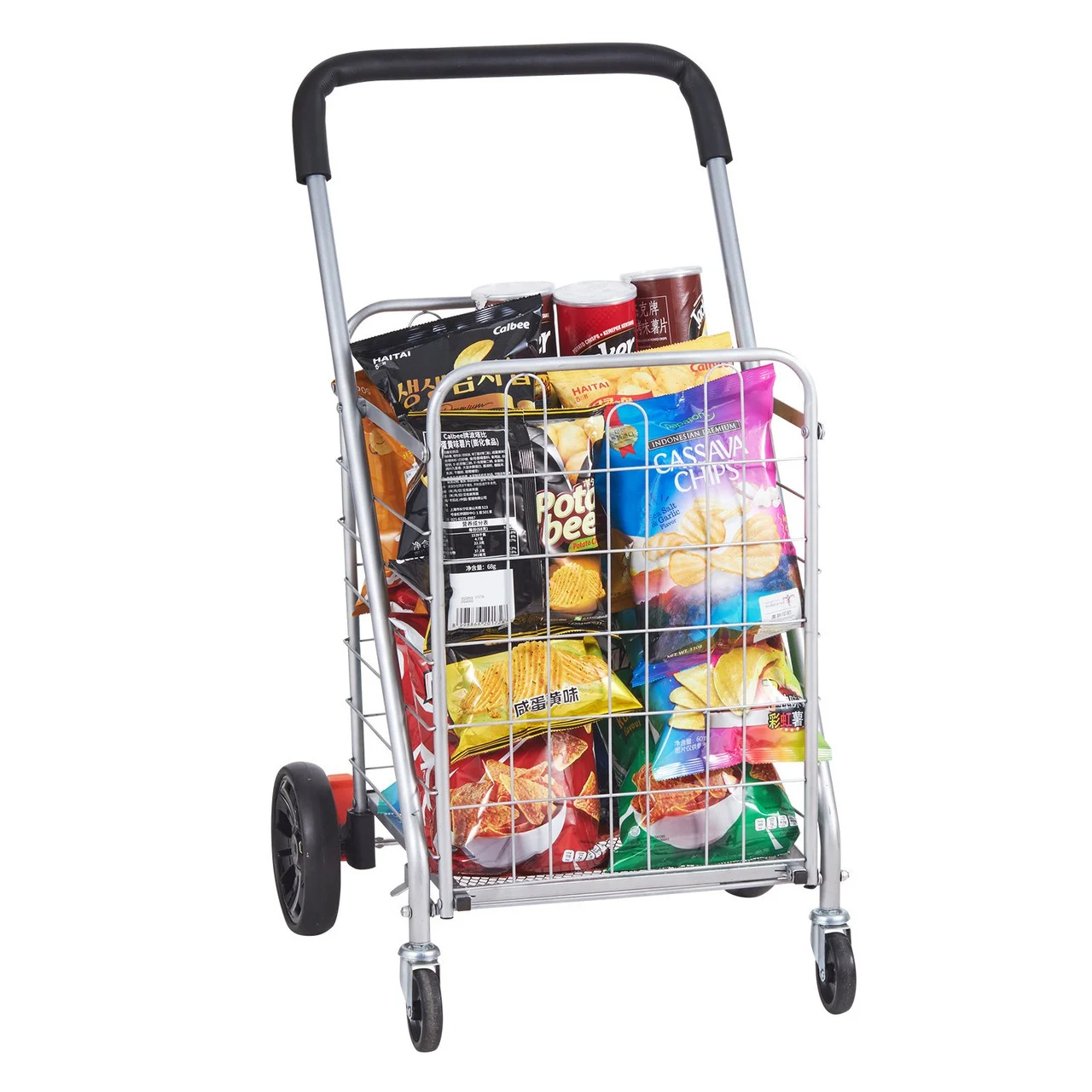 Folding Shopping Cart, 110 lbs Max Load Capacity, Grocery Utility Cart with Rolling Swivel Wheels, Heavy Duty Foldable Laundry Basket Trolley Compact Lightweight Collapsible for Luggage, Silver