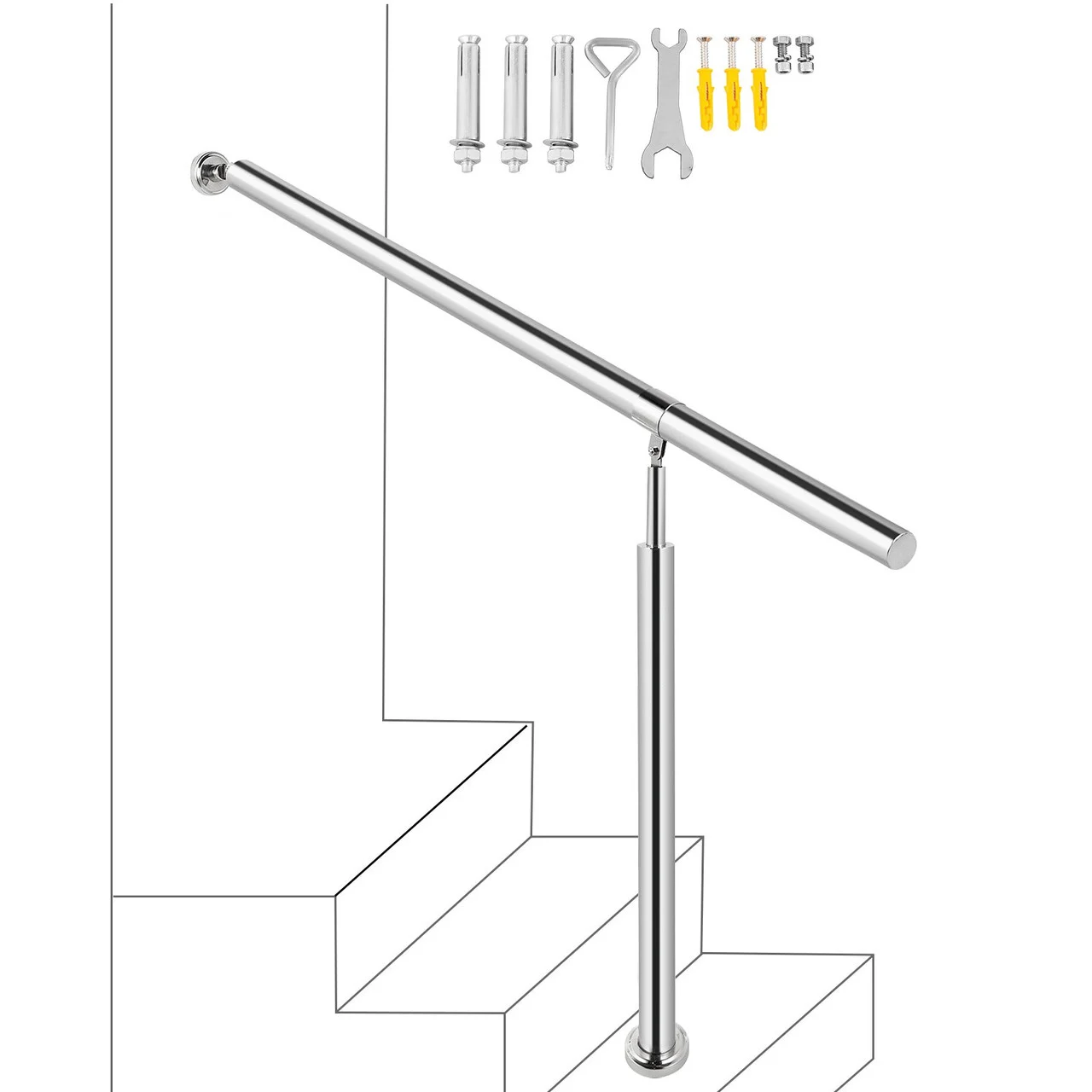 Step Handrail 304 Stainless Steel Stair Railing 3-4 Step for Indoor and Outdoor Adjustable Metal Hand Rails for Steps, 59x35.4 Inch, Silver