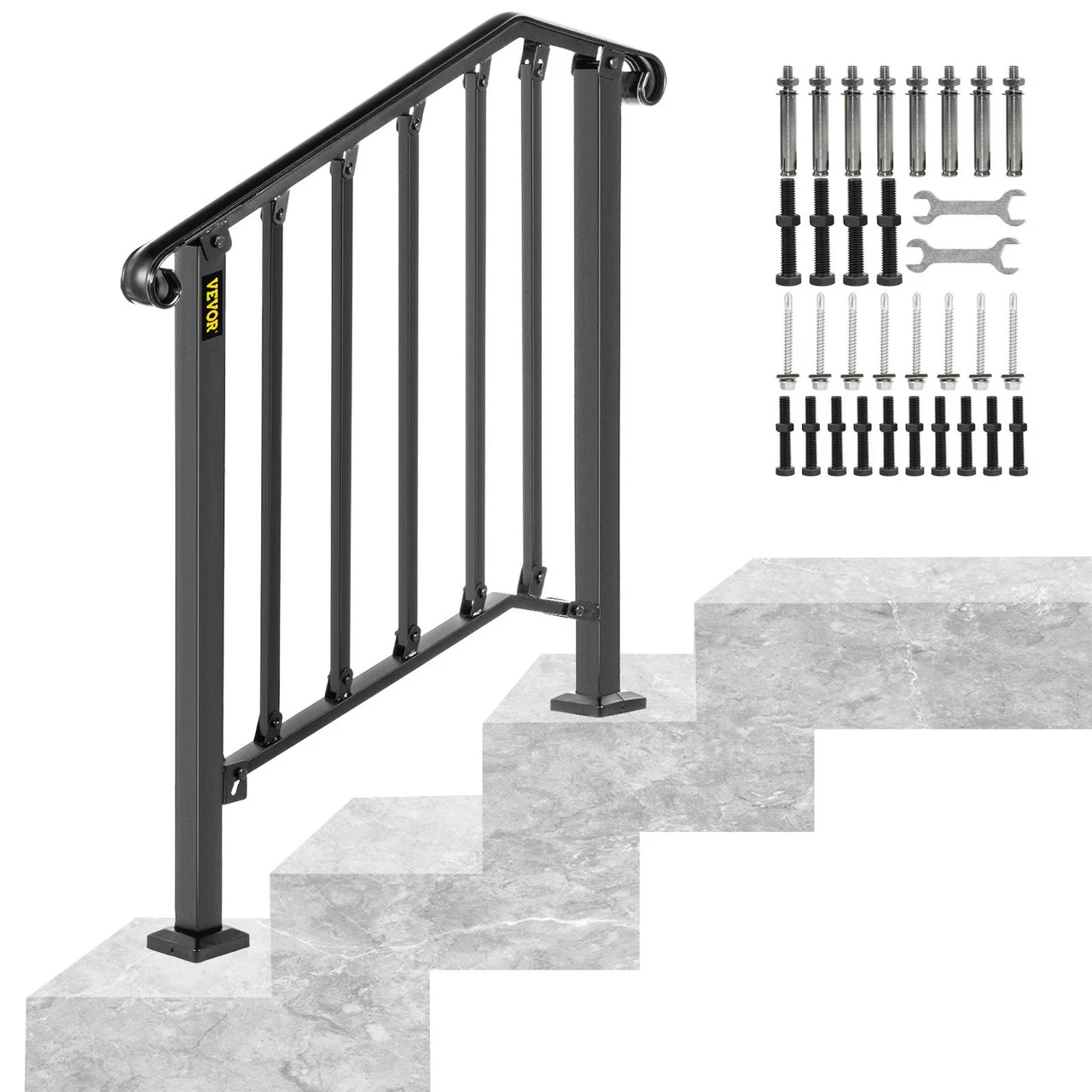 Handrails for Outdoor Steps, Fit 2 or 3 Steps Outdoor Stair Railing, Picket#2 Wrought Iron Handrail, Flexible Porch Railing, Black Transitional Handrails for Concrete Steps or Wooden Stairs