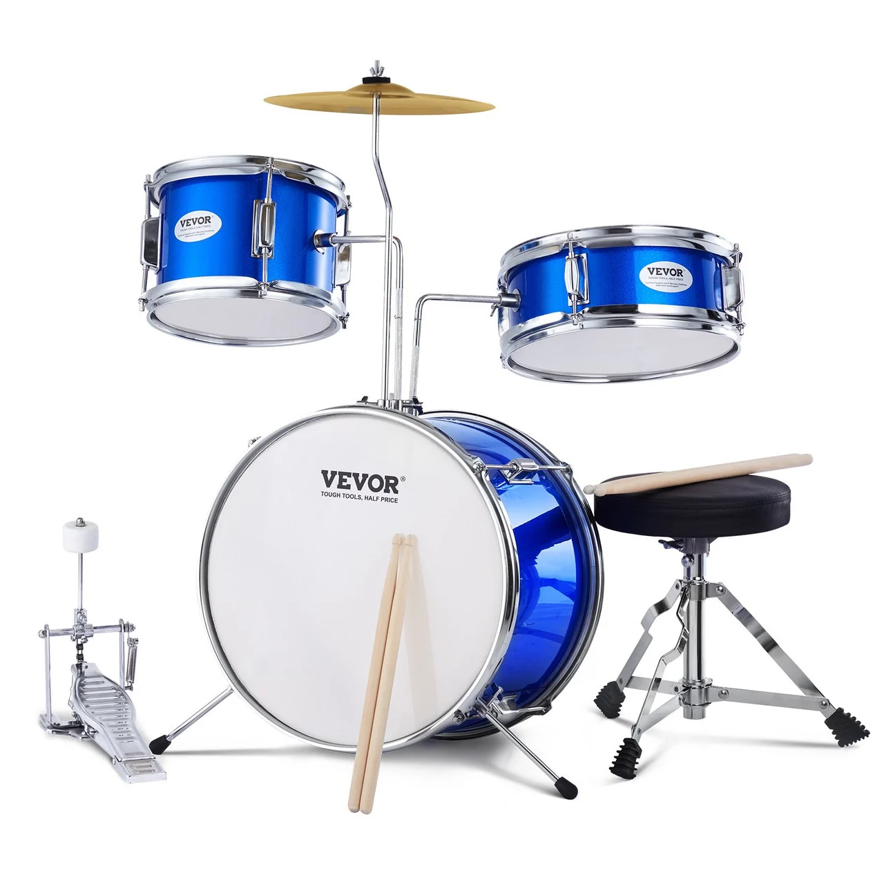Kids Drum Set, 3-Piece, 14 in Beginner Drum Set with Adjustable Throne Cymbal Pedal Two Pairs of Drumsticks, 8'' Tom Drum 10'' Snare Drum 14'' Bass Drum, Starter Drum Kit for Child Kids, Blue
