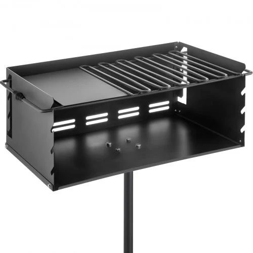 Outdoor Park Style Grill 25x17x11 Inch with Grate and Plate, Single Post Carbon Steel Outdoor Park Grill 50 Inch Height Pole, Heavy Duty Park Style Charcoal Grill for BBQ, Camping or Backyard