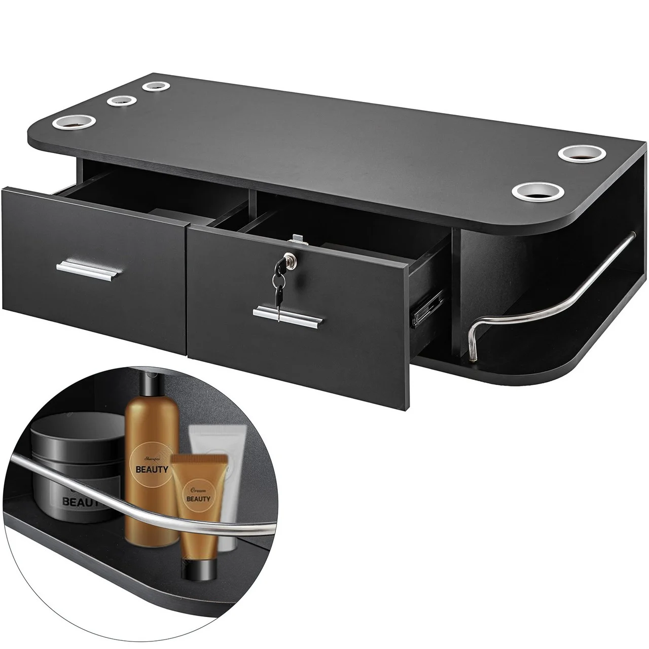 White Wall Mount Styling Station Classic Locking 2 Drawers Storage Beauty Salon Equipment 5 Hair Dryer Holes Locking Cabinet for Beauty Salon or SPA, Barber Shop, Home & Bathroom