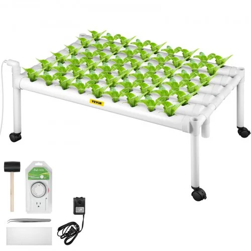 Hydroponics Growing System, 54 Sites 6 Food-Grade PVC-U Pipes, 1 Layer Indoor Planting Kit with Water Pump, Timer, Nest Basket, Sponge for Fruits, Vegetables, Herb, White
