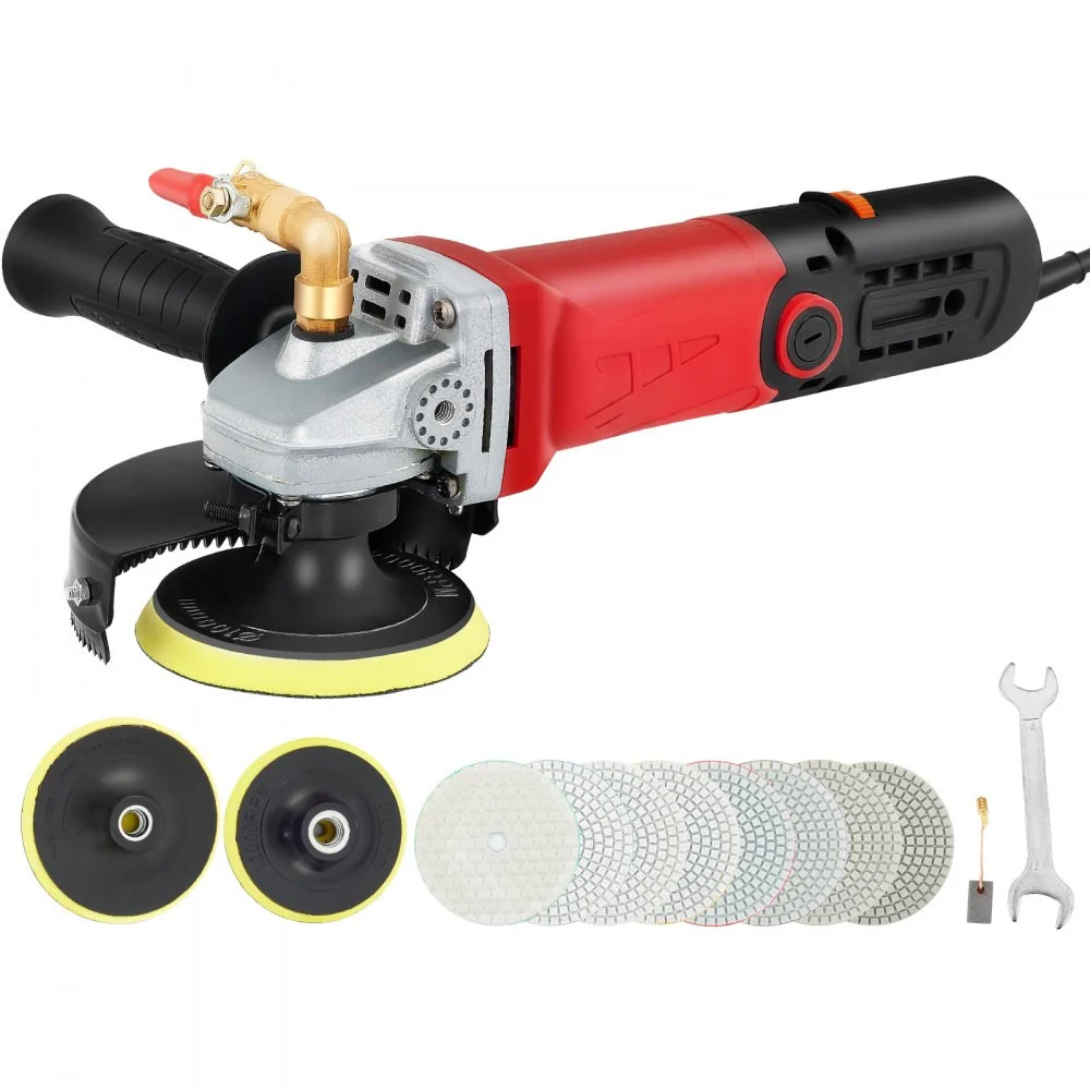 Wet Buffer / Polisher, Variable Speed 8 pcs Kit, Extra 4" & 5" Diamond Polishing Pads , Buffing Machine w 59" Pipe Adapter & Splash Shield, Concrete Stone Tool for Granite/Marble Countertop CE Upper Water Injection 860W