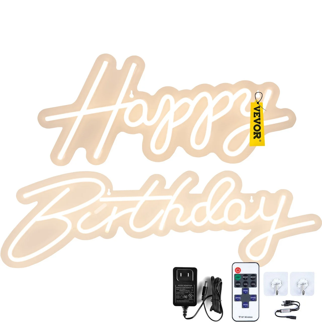Happy Birthday Neon Sign, 16.5" x 8" + 23" x 8" LED Neon Lights Signs, Adjustable Brightness w/ Remote Control and Power Adapter, Reusable for Party, Club, Celebration and Decoration Warm White