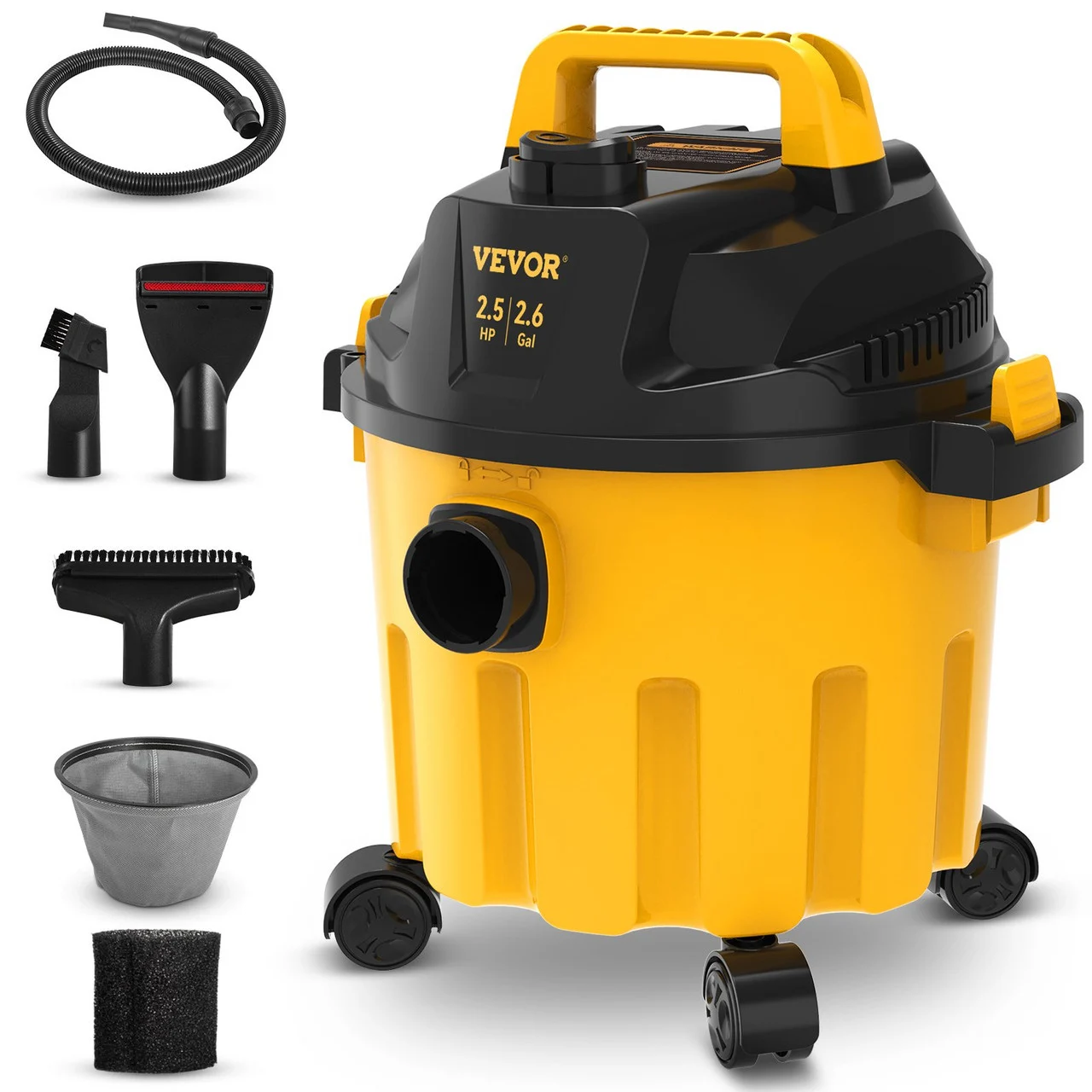 Wet Dry Vac, 2.6 Gallon, 2.5 Peak HP, 3 in 1 Shop Vacuum with Blowing Function, Portable with Attachments to Clean Floor, Upholstery, Gap, Car, ETL Listed, Yellow