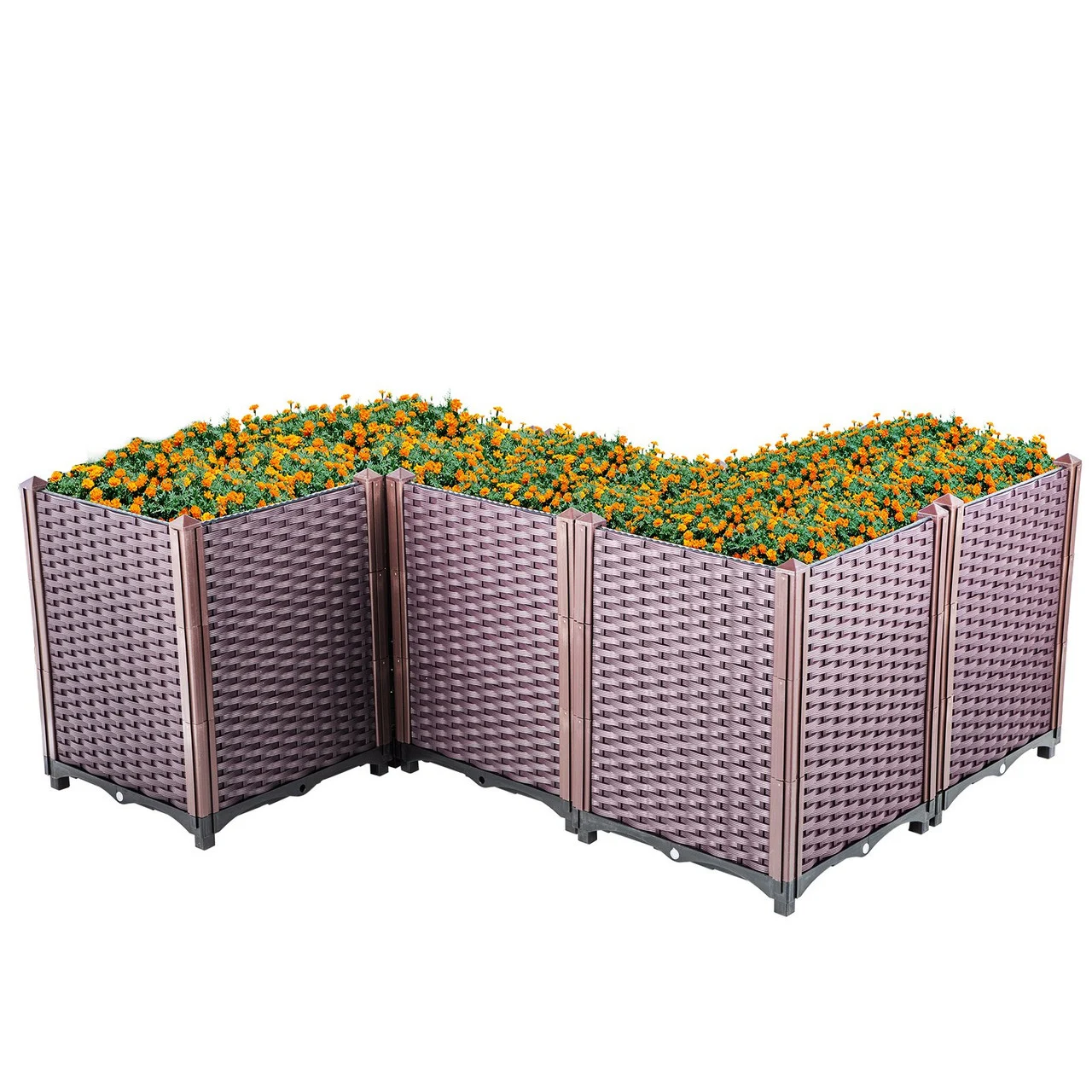 Plastic Raised Garden Bed, 20.5" High Set of 5, Rattan Style Grow Planter Care Box Kit, Self-Watering Elevated for Herbs, Flowers, and Other Plants Indoor ot Outdoor, Brown