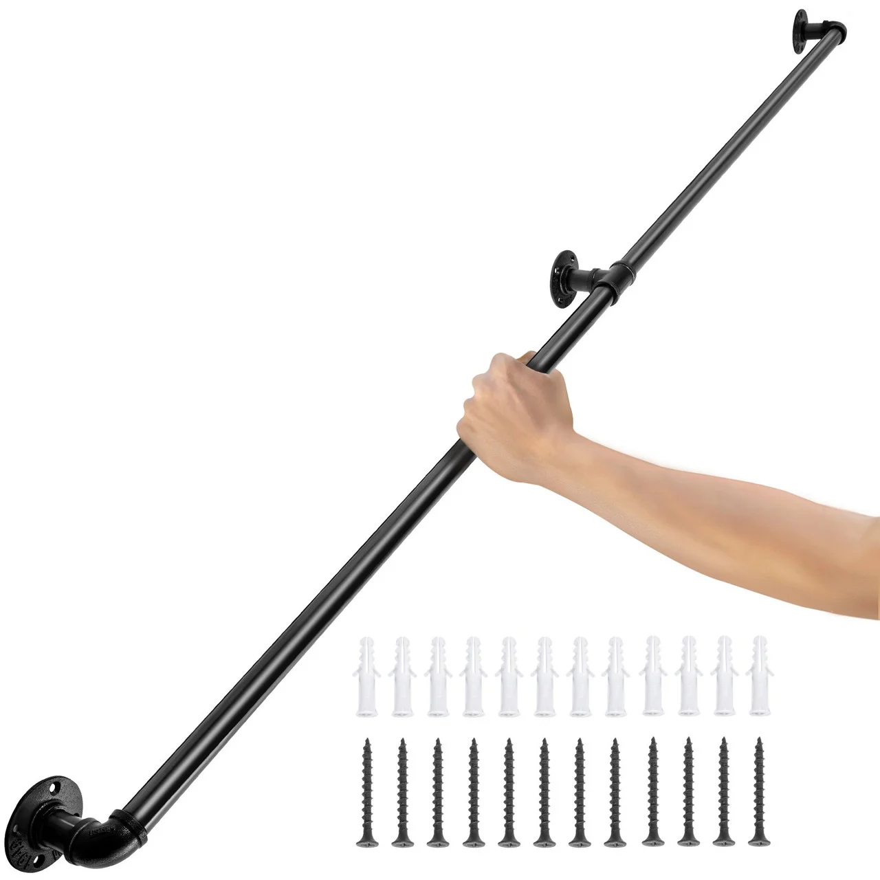 Pipe Stair Handrail, 7FT Staircase Handrail, 440LBS Load Capacity Carbon Steel Pipe Handrail, Industrial Pipe Handrail with Wall Mount Support, Round Corner Wall Handrailings for Indoor, Outdoor