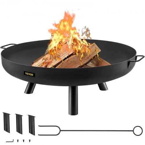 Fire Pit Bowl, 28-Inch Diameter Round Carbon Steel Fire Bowl, Wood Burning for Outdoor Patios, Backyards & Camping Uses, with A Drain Hole, Portable Handles and A Firewood Stick, Black (Discontinue: Replaced by: 100-3020)