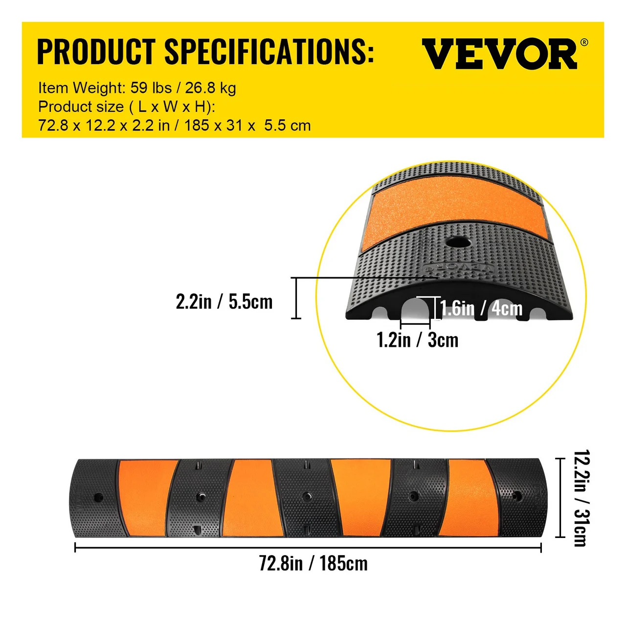 Rubber Speed Bump, 1 Pack 2 Channel Speed Bump Hump, 72" Long Modular Speed Bump Rated 22000 LBS Loading, 72.8 x 12.2 x 2.2 Garage Speed Bump for Asphalt Concrete Gravel Driveway with 2 End Cap